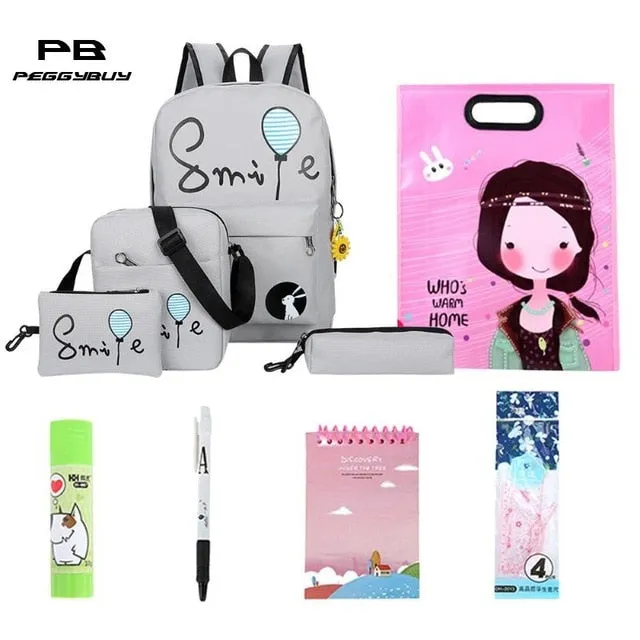 10pcs/Set Oxford Waterproof Backpack Cute Printed Zipper Bag School for Women Travel Bag Luggage