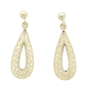 9ct White Gold Pear Shaped Filigree Patterned Drop Earrings