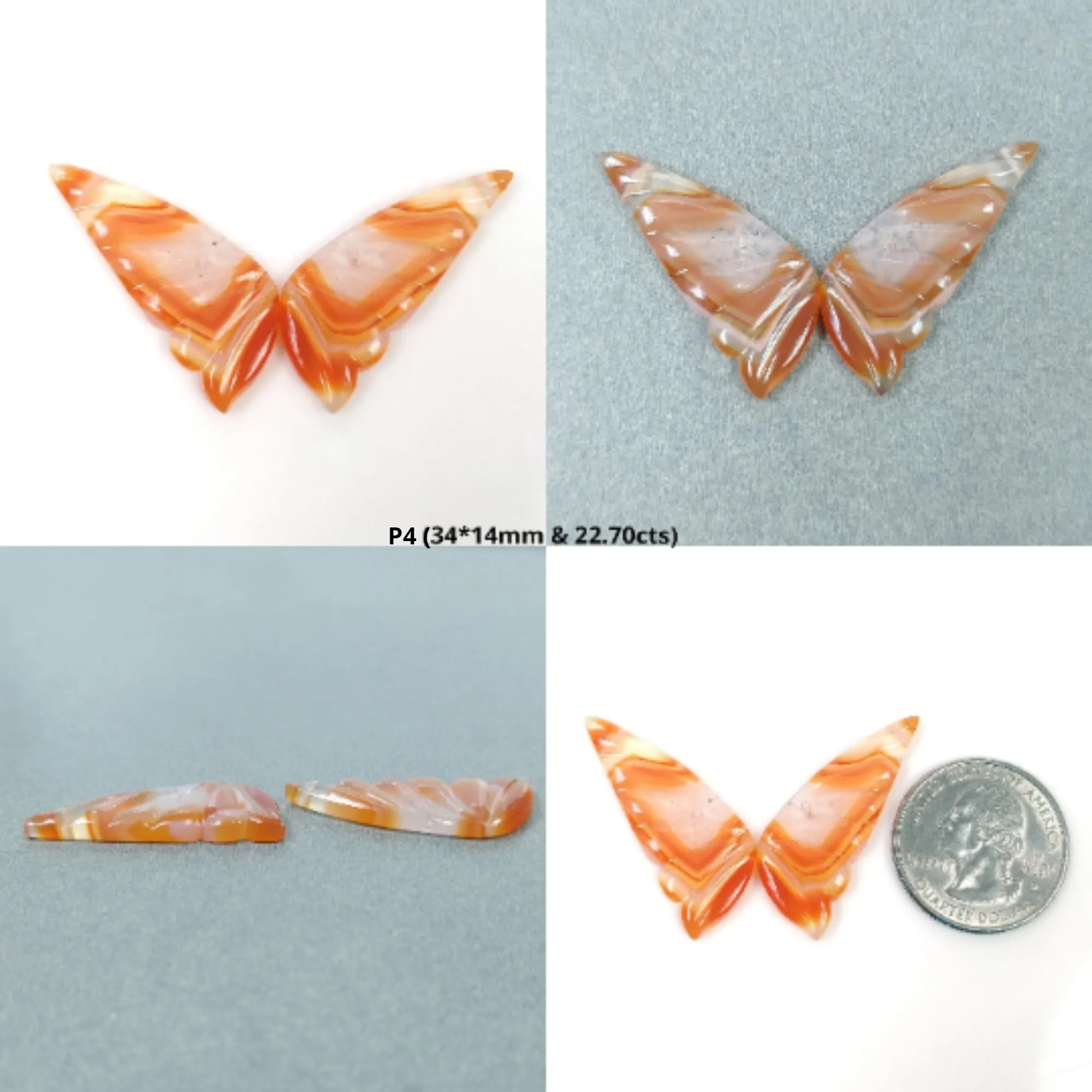 Agate Gemstone Carving : Natural Untreated Bi-Color Botswana Striped Agate Hand Carved BUTTERFLY Pair