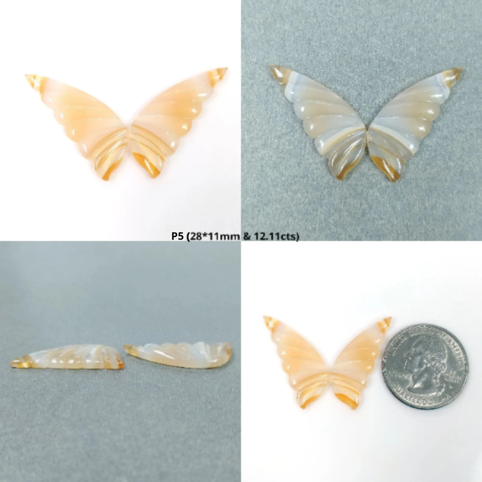 Agate Gemstone Carving : Natural Untreated Bi-Color Botswana Striped Agate Hand Carved BUTTERFLY Pair