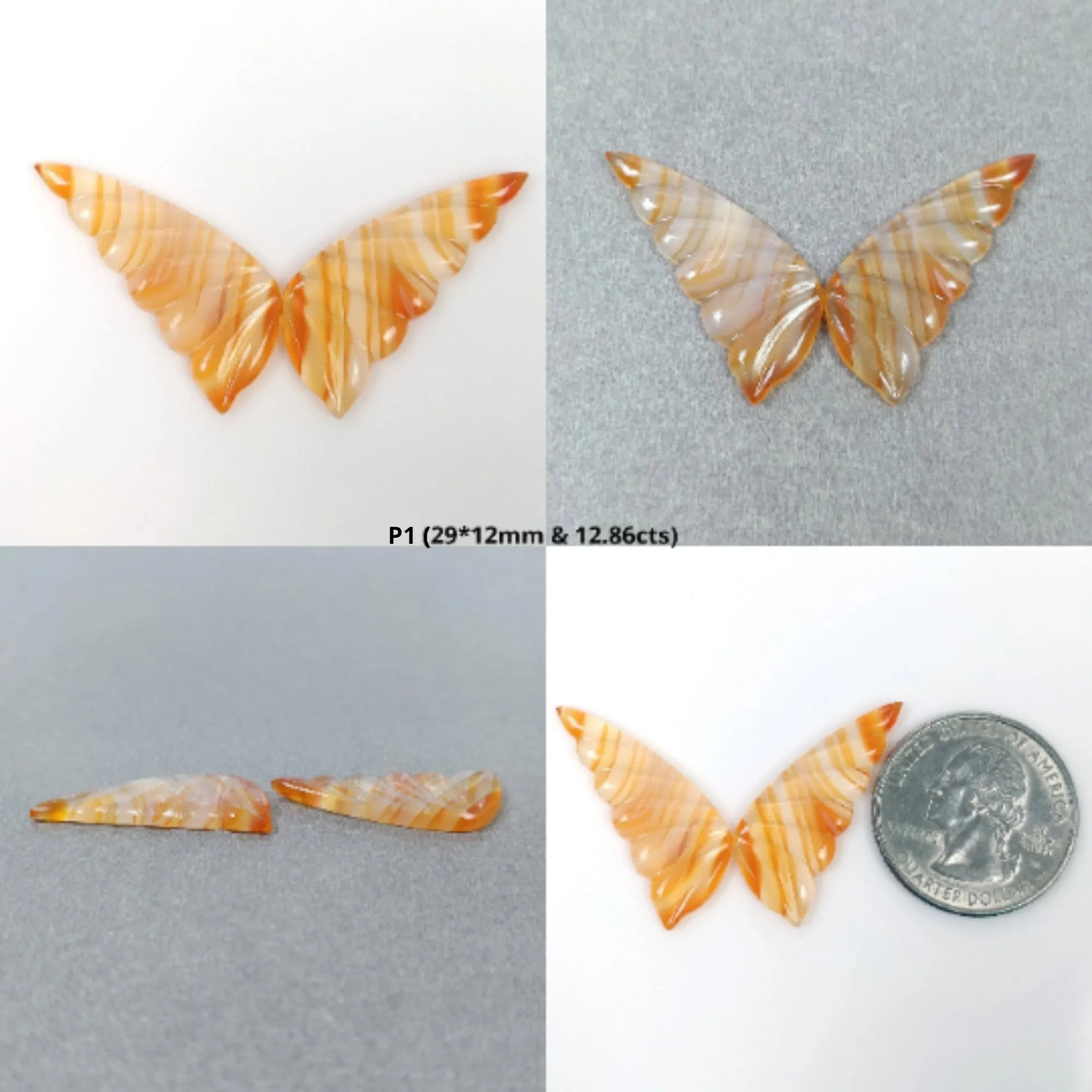 Agate Gemstone Carving : Natural Untreated Bi-Color Botswana Striped Agate Hand Carved BUTTERFLY Pair