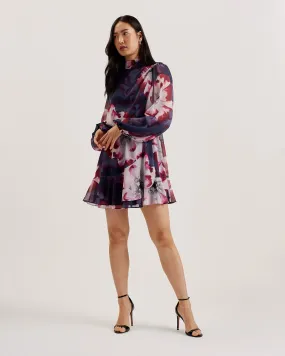 Aracely Printed Long Sleeve Neck Tie Mini Dress Navy