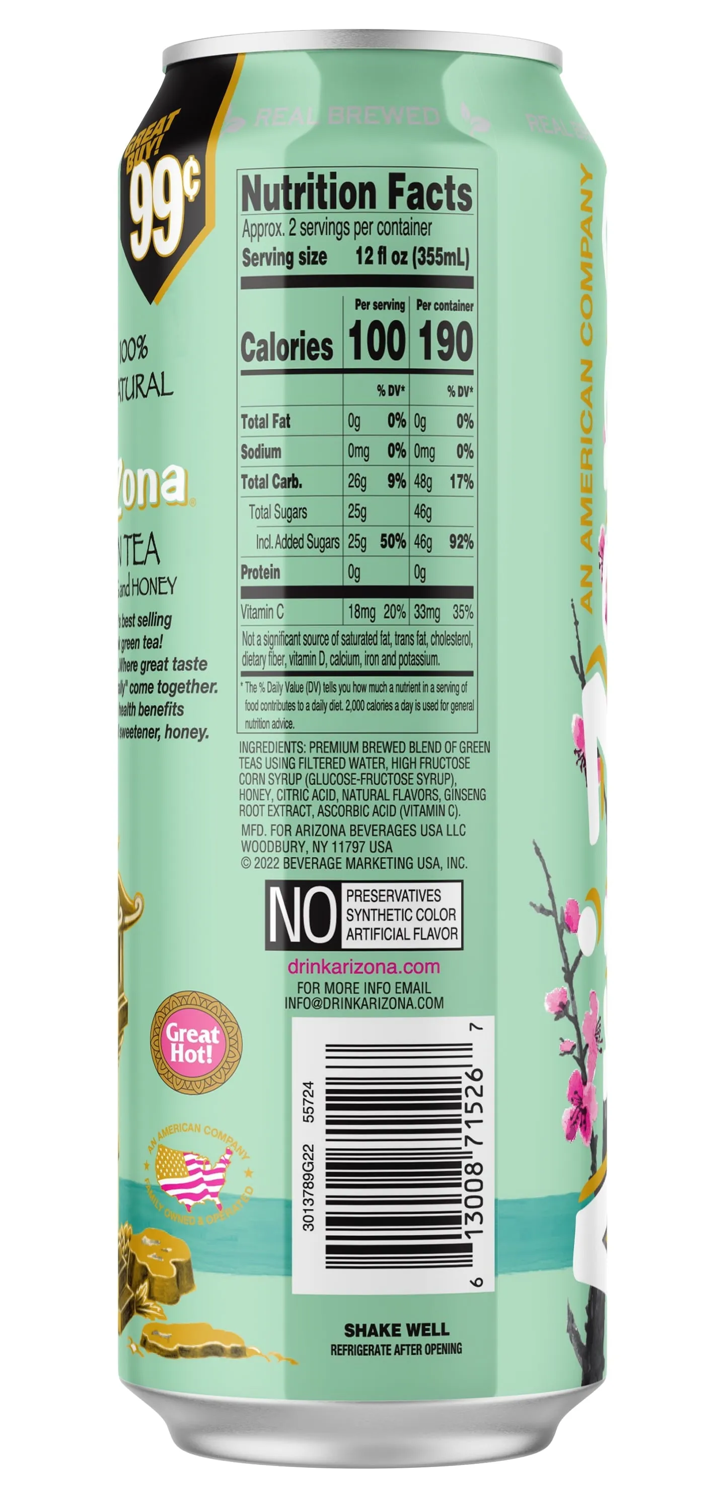 Arizona Green Tea with Ginseng and Honey - 22 fluid ounce aluminum cans