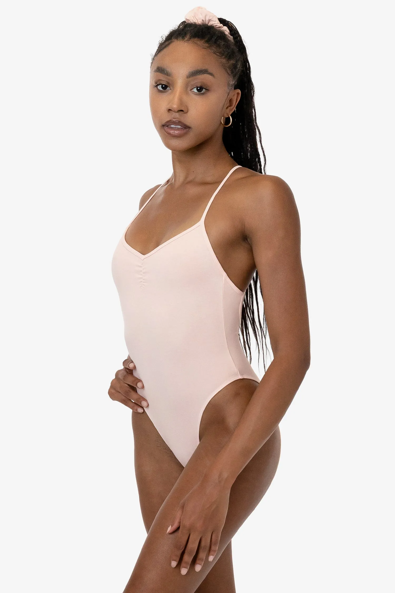 B308GD - Garment Dye Spaghetti Ruched Front Crossback Bodysuit