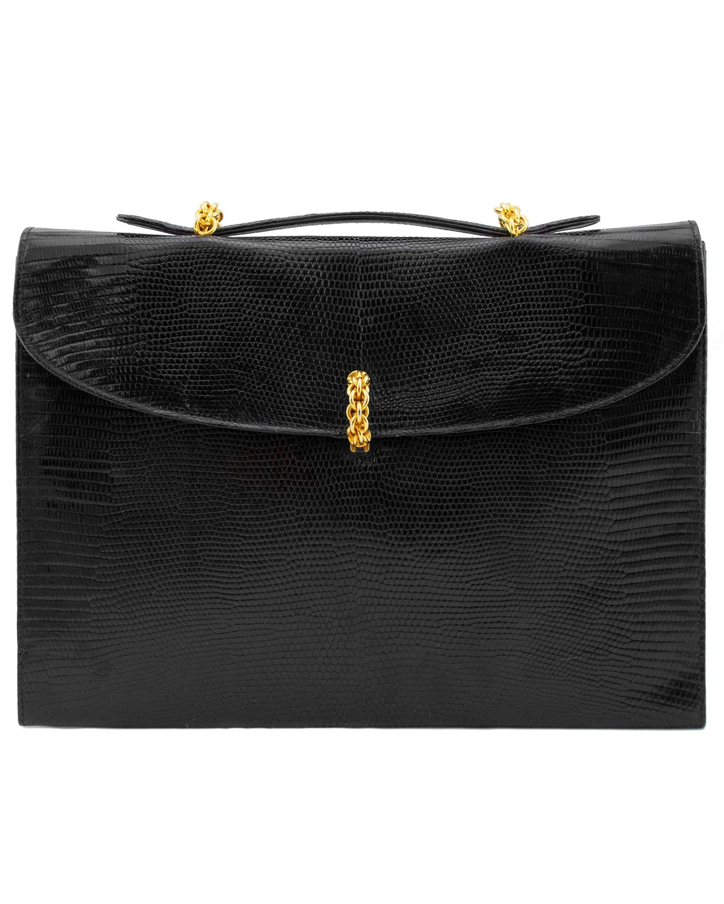 Black Patterned Leather and Gold Hardware Briefcase