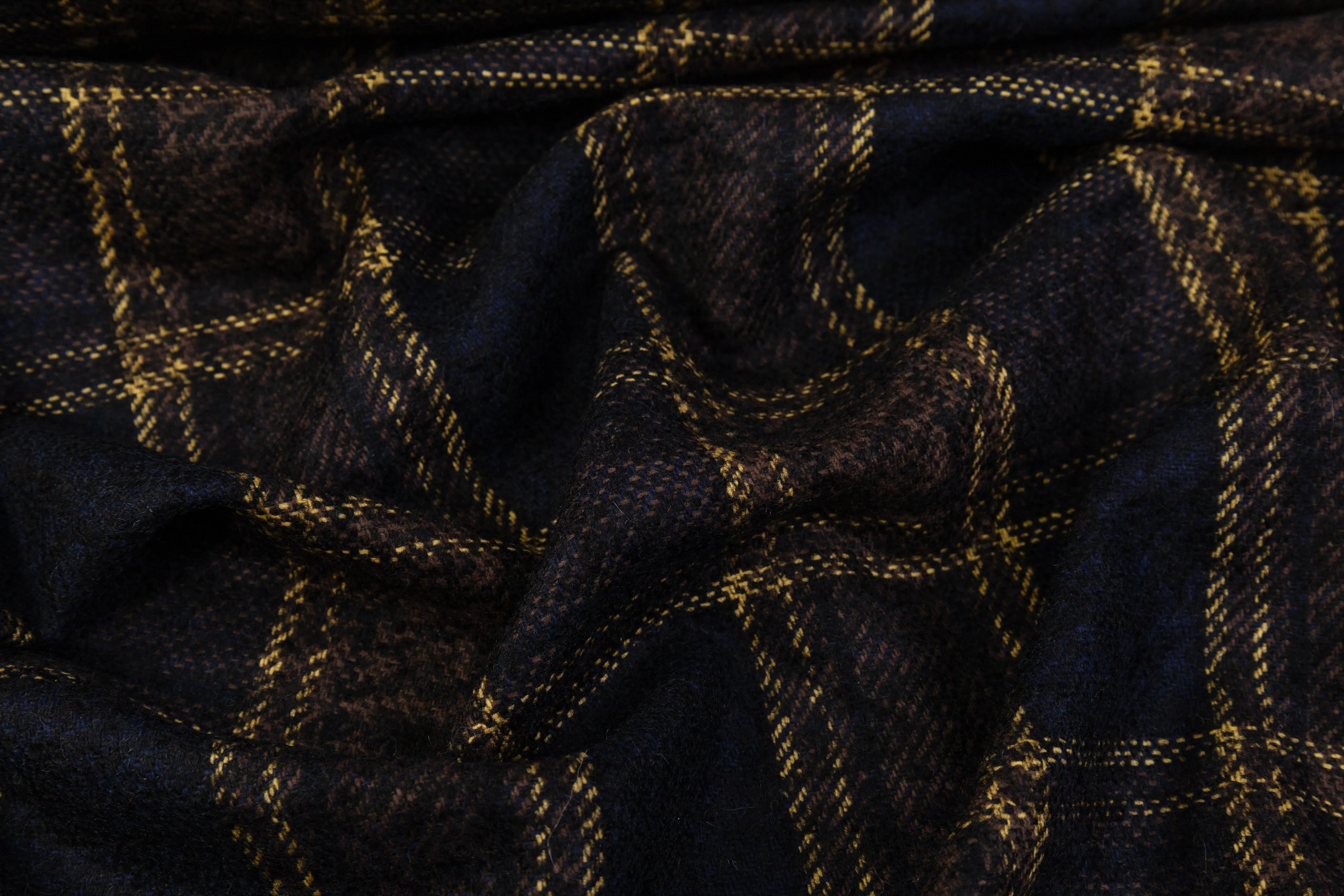 Checked Italian Wool Tweed Boucle - Navy / Yellow / Brown