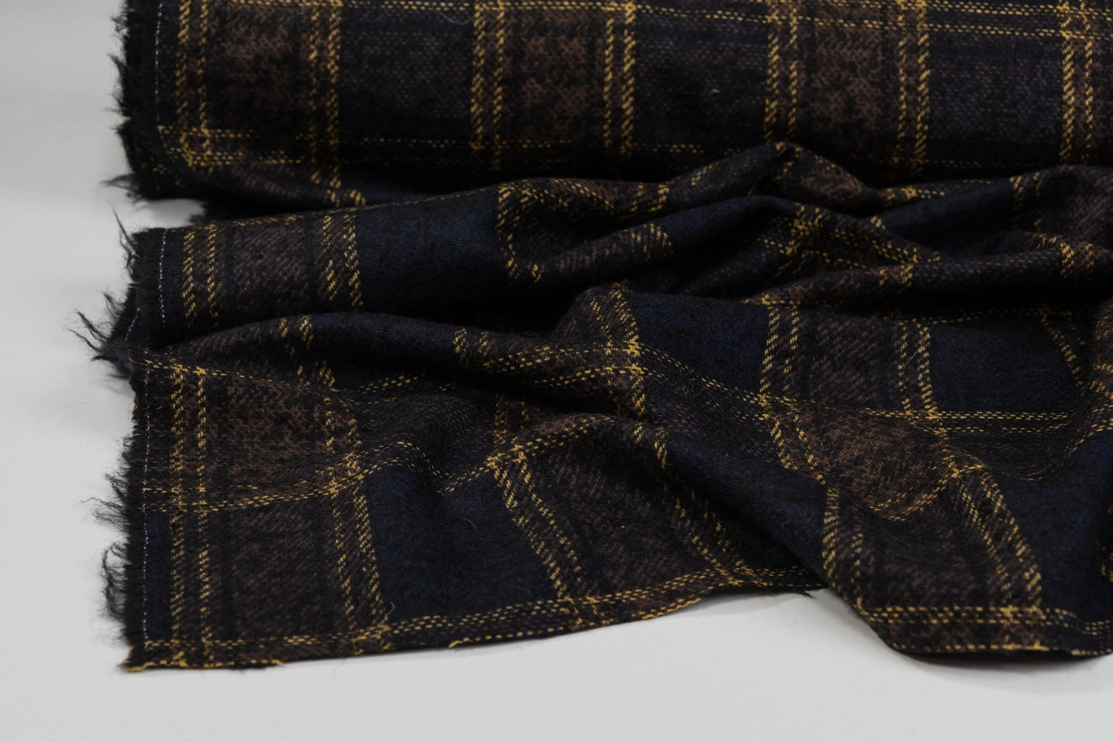 Checked Italian Wool Tweed Boucle - Navy / Yellow / Brown