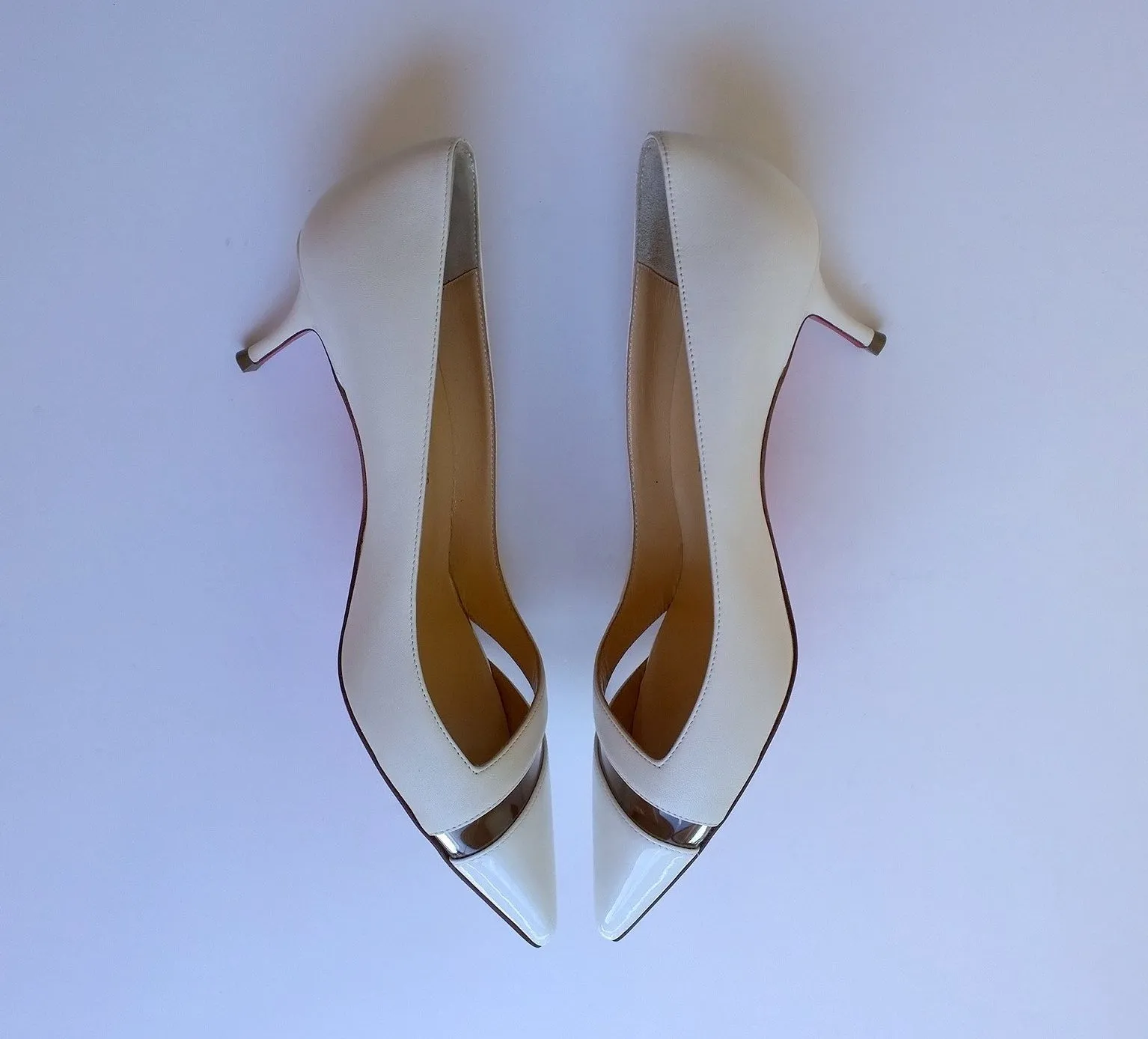 Christian Louboutin 17th Floor 55mm Heels in Latte White Leather and Patent PVC shoes