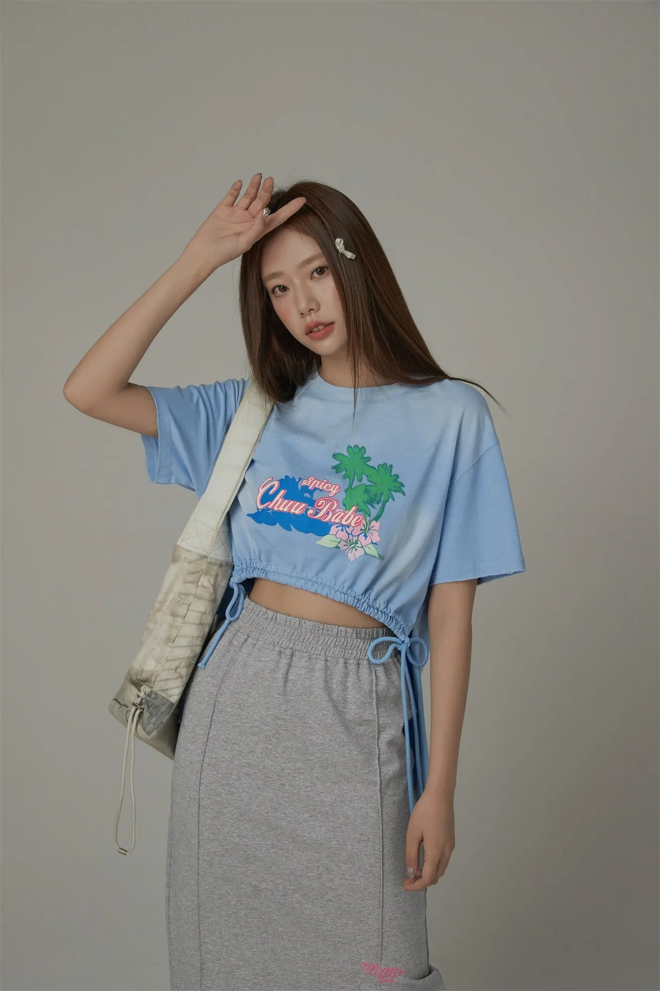 Chuu Babe Tropical Printed Design Strings Cropped T-Shirt