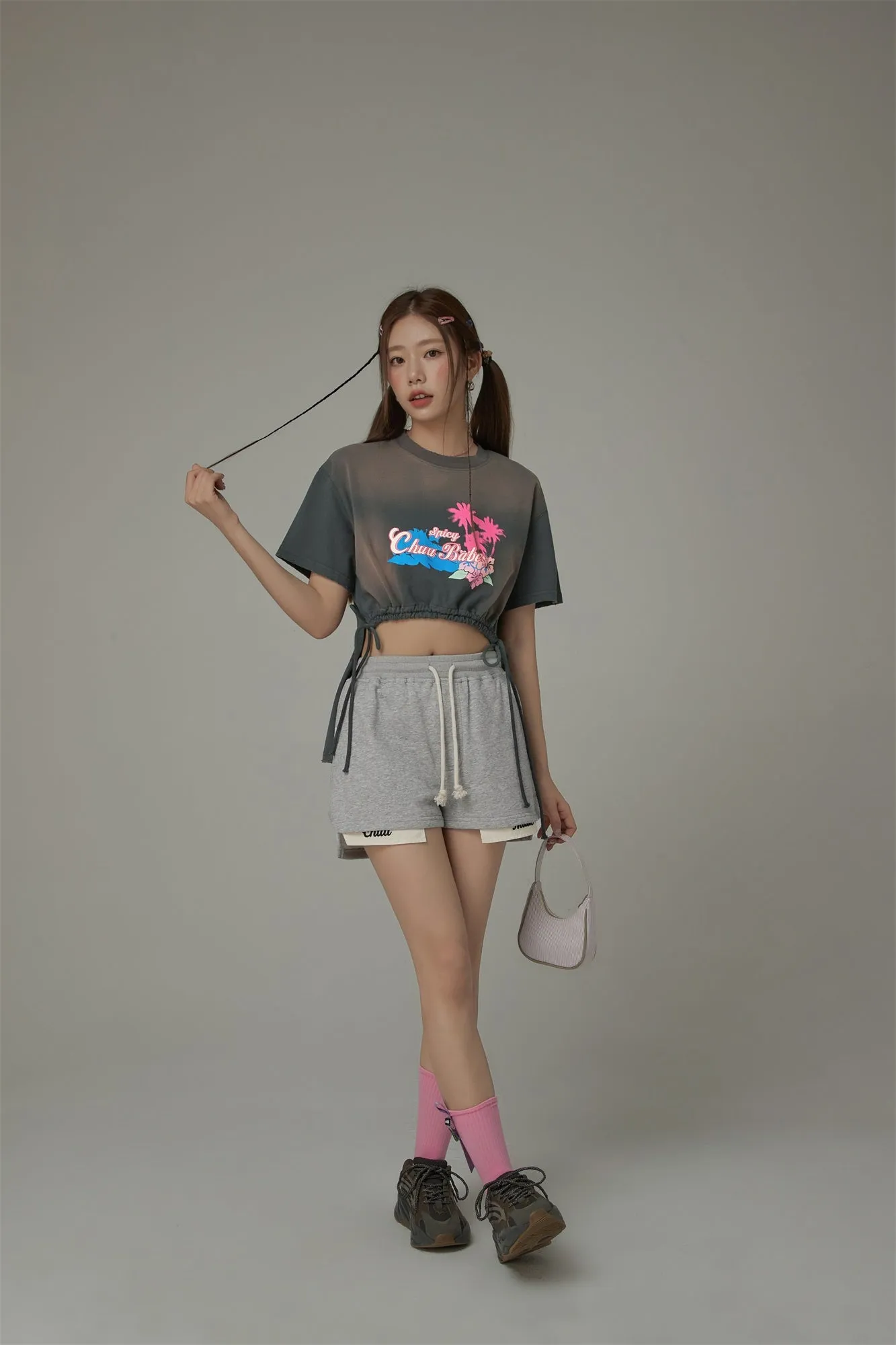 Chuu Babe Tropical Printed Design Strings Cropped T-Shirt