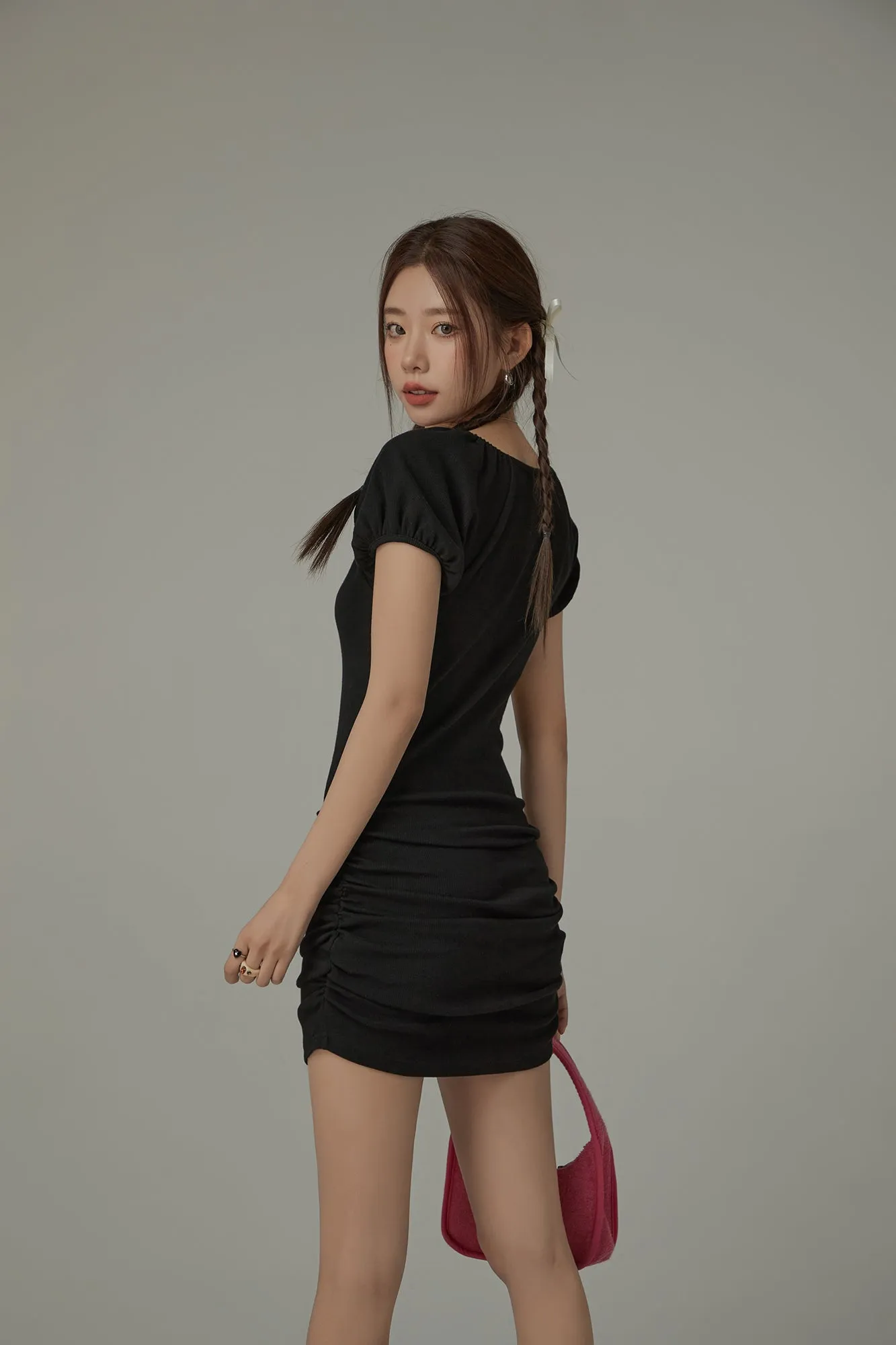 Chuu Cherry Lettering Puff Short Sleeve Side Shirring Mini Dress