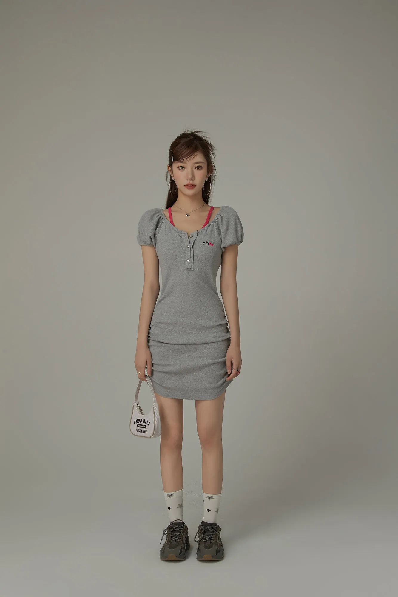 Chuu Cherry Lettering Puff Short Sleeve Side Shirring Mini Dress