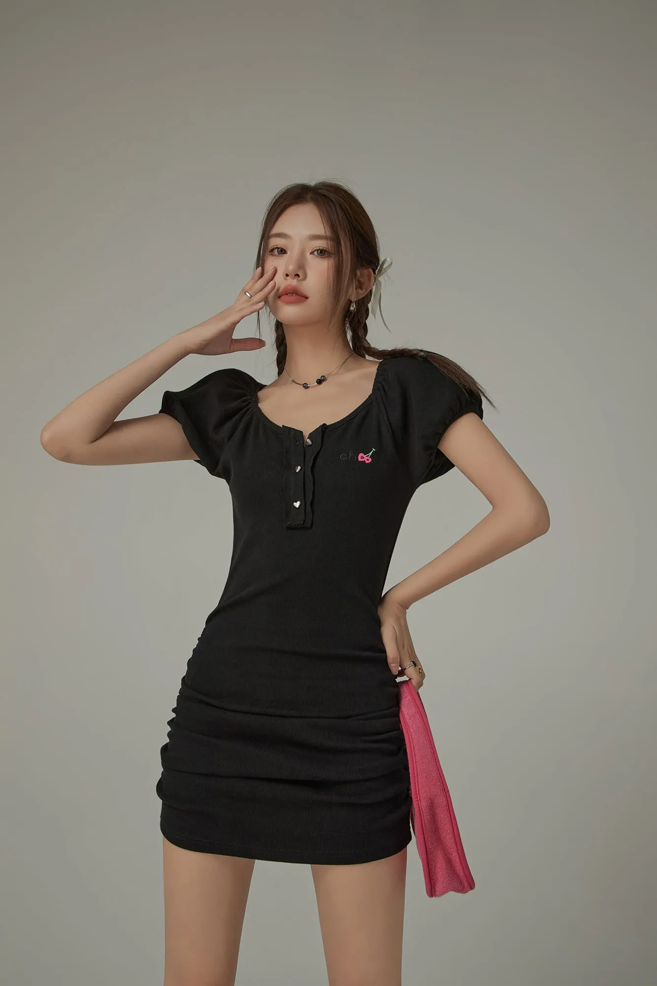 Chuu Cherry Lettering Puff Short Sleeve Side Shirring Mini Dress