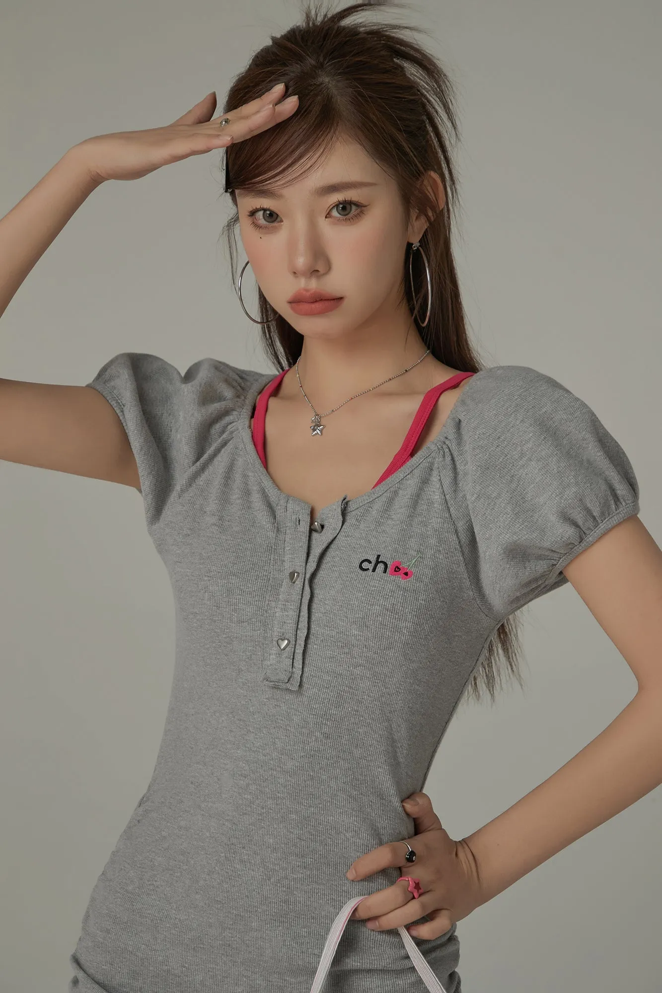 Chuu Cherry Lettering Puff Short Sleeve Side Shirring Mini Dress