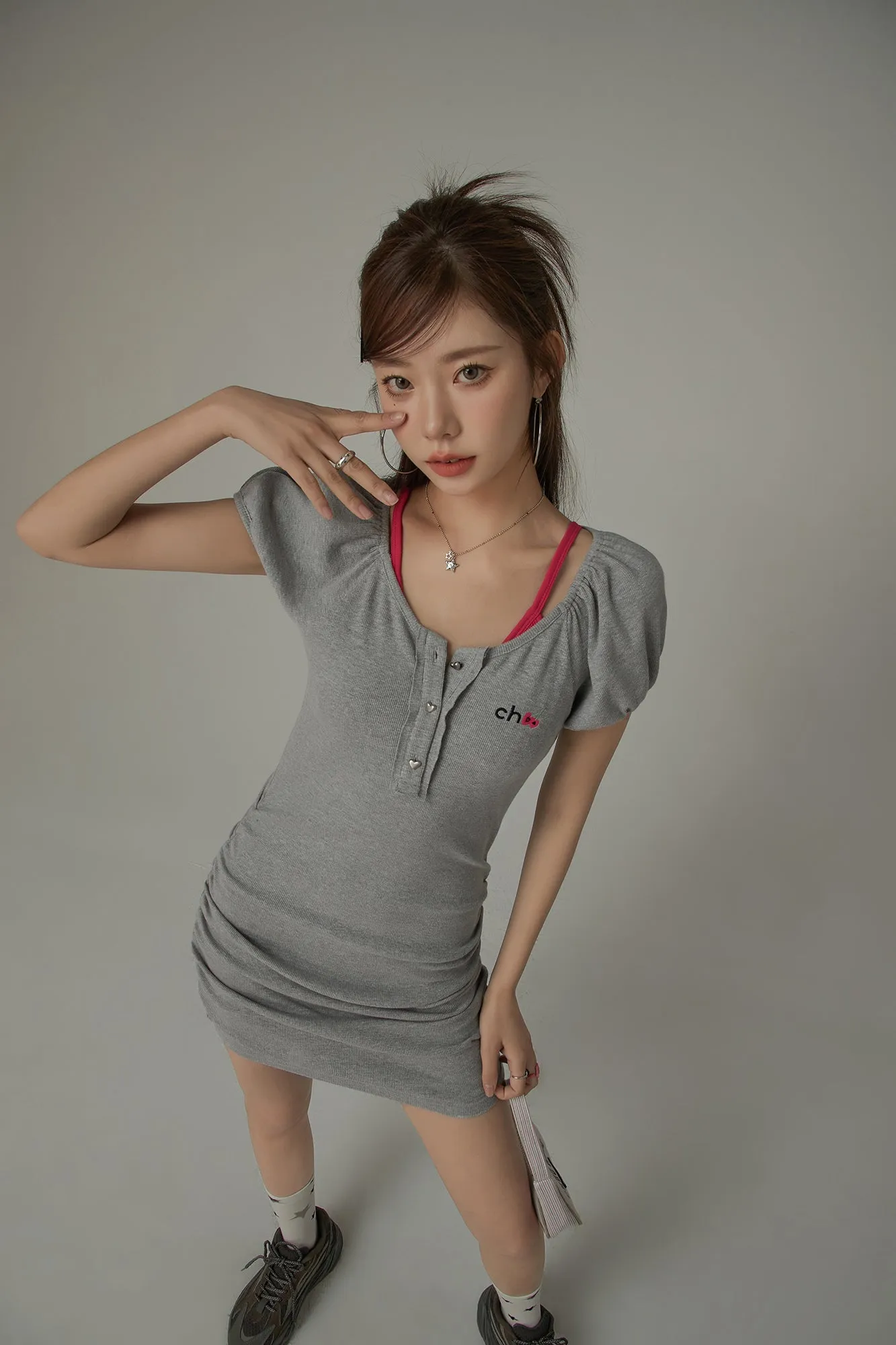 Chuu Cherry Lettering Puff Short Sleeve Side Shirring Mini Dress