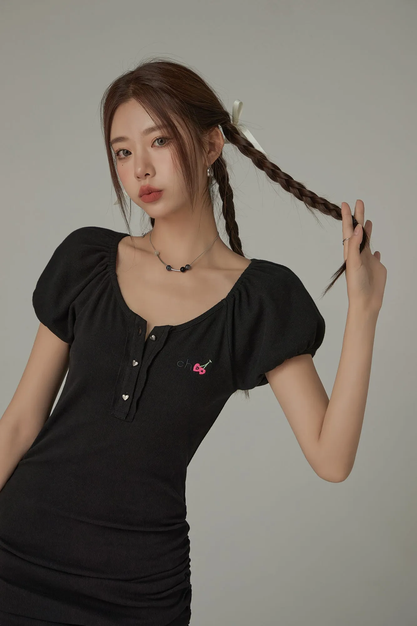 Chuu Cherry Lettering Puff Short Sleeve Side Shirring Mini Dress