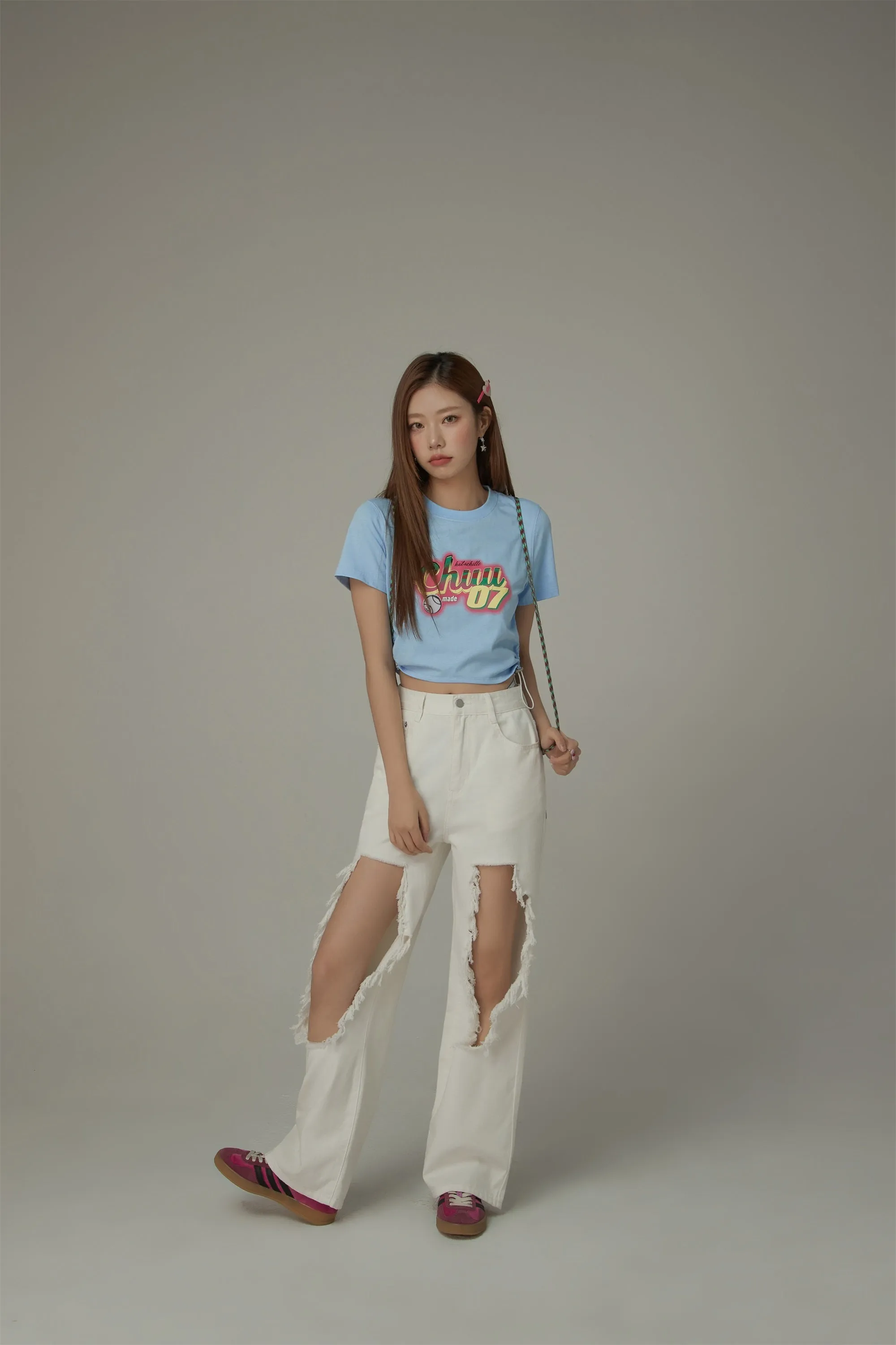 Chuu Lettering Sporty String Crop Short Sleeve T-Shirt