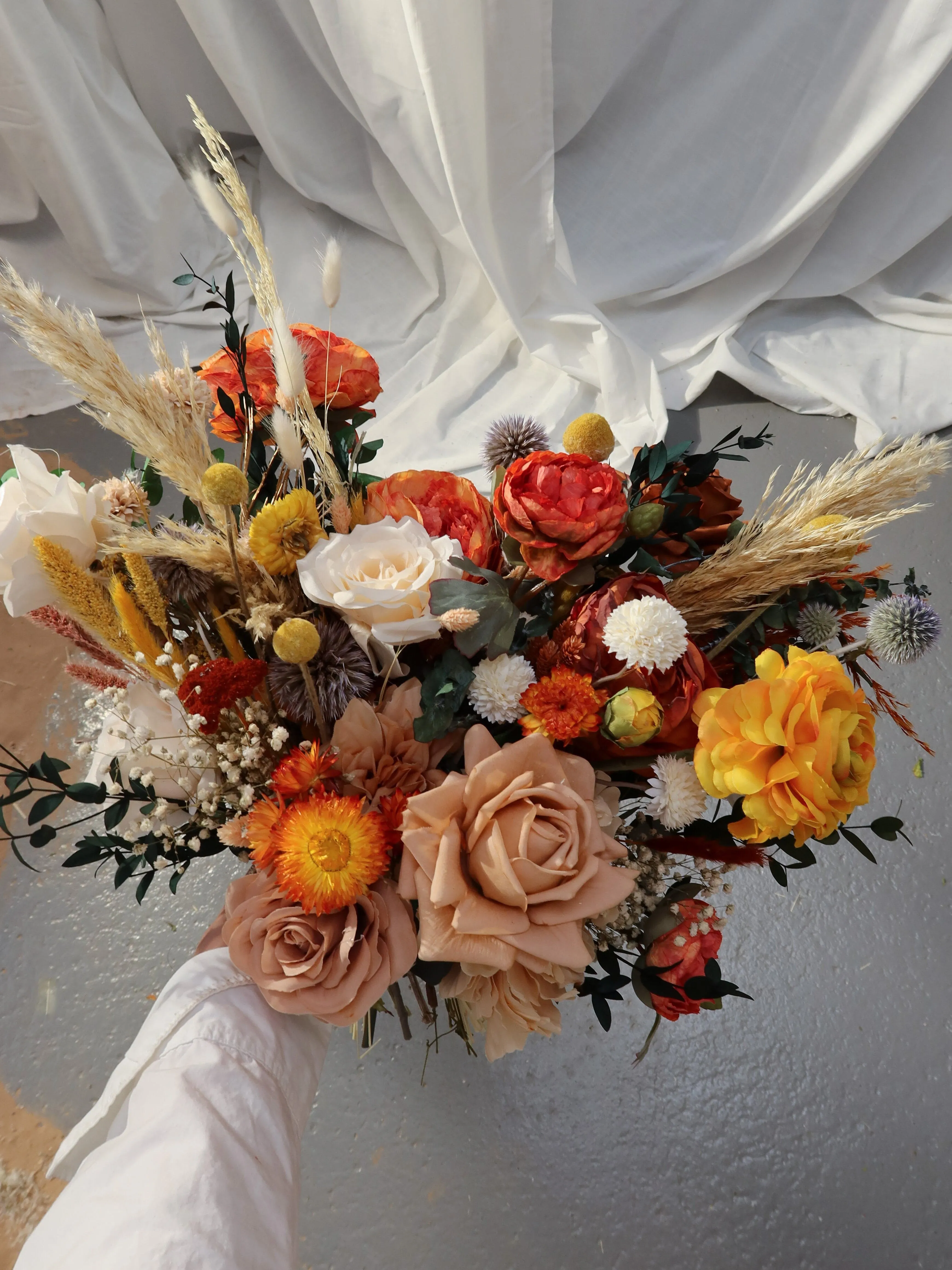 Colourful Dried and Artificial Flowers Bridal Bouquet - Natural Orange & Red