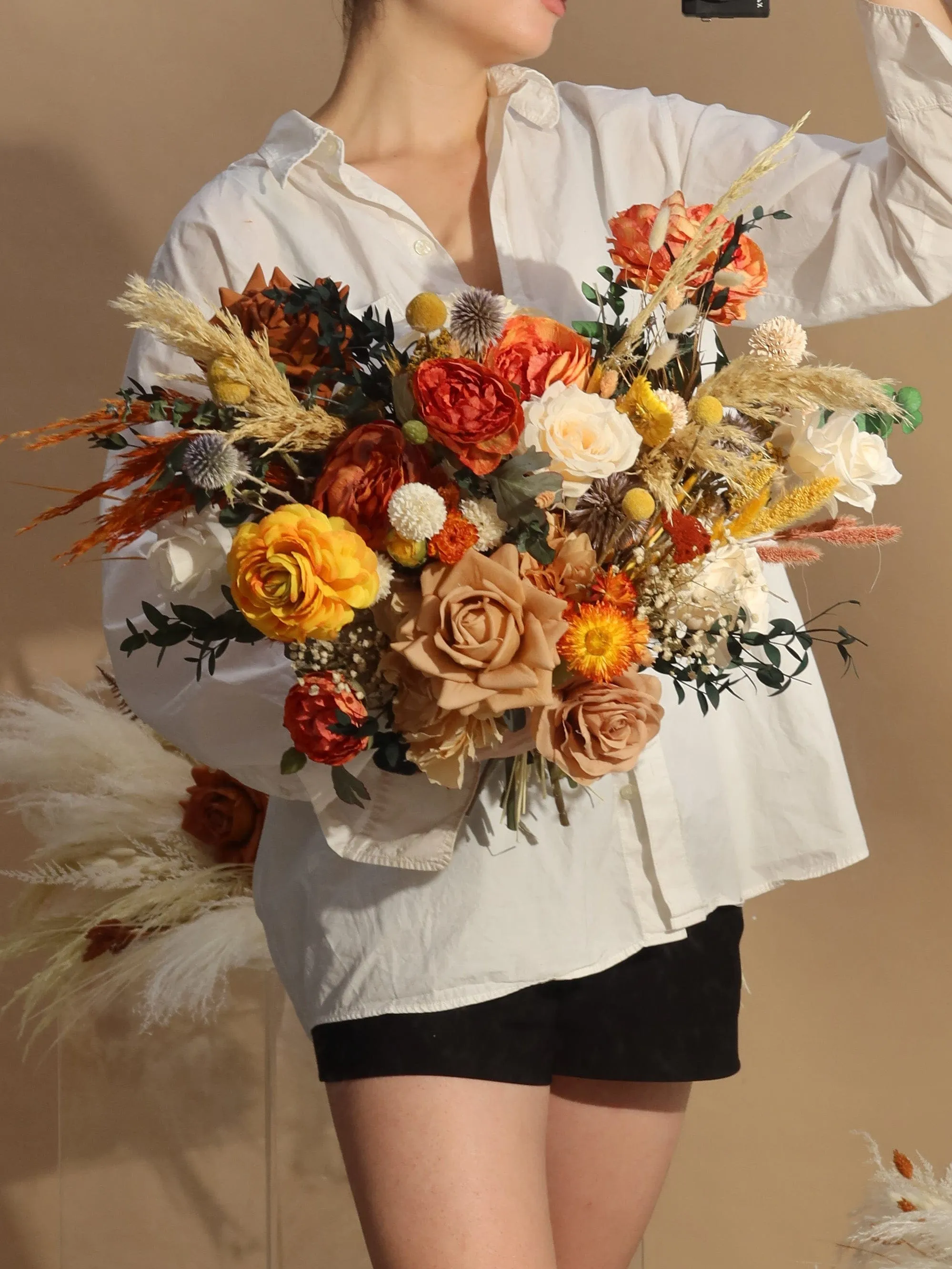 Colourful Dried and Artificial Flowers Bridal Bouquet - Natural Orange & Red