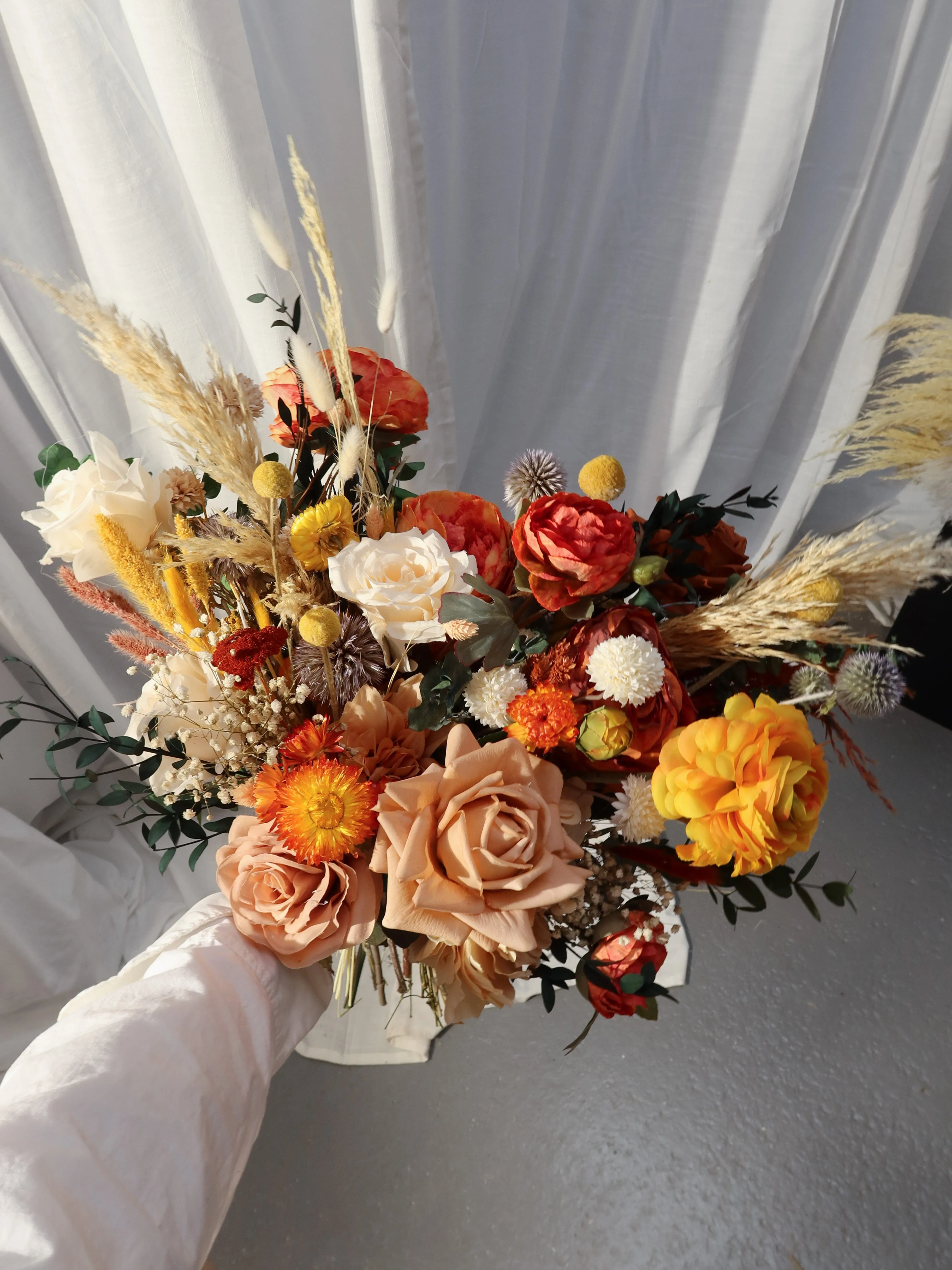 Colourful Dried and Artificial Flowers Bridal Bouquet - Natural Orange & Red