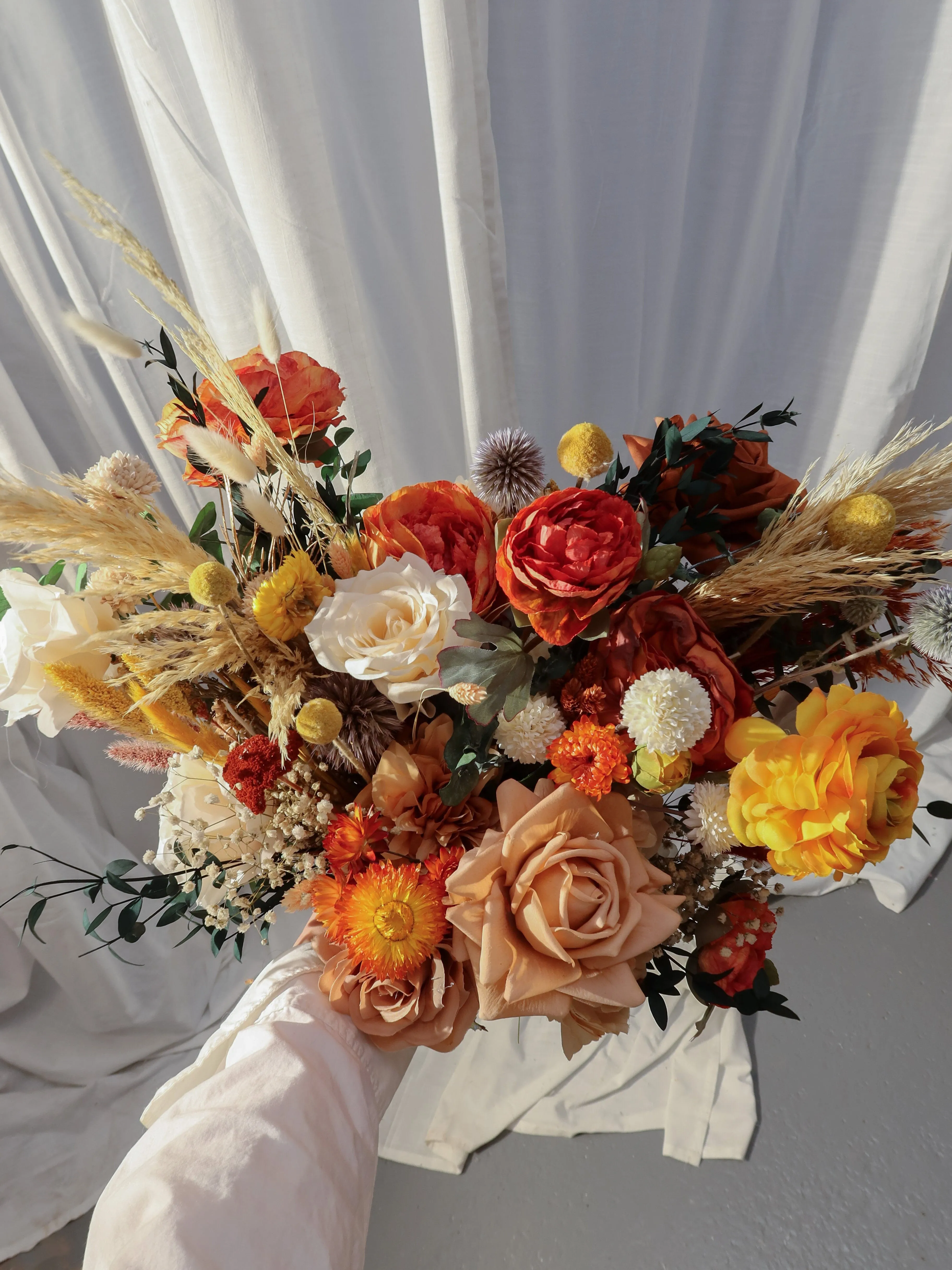 Colourful Dried and Artificial Flowers Bridal Bouquet - Natural Orange & Red