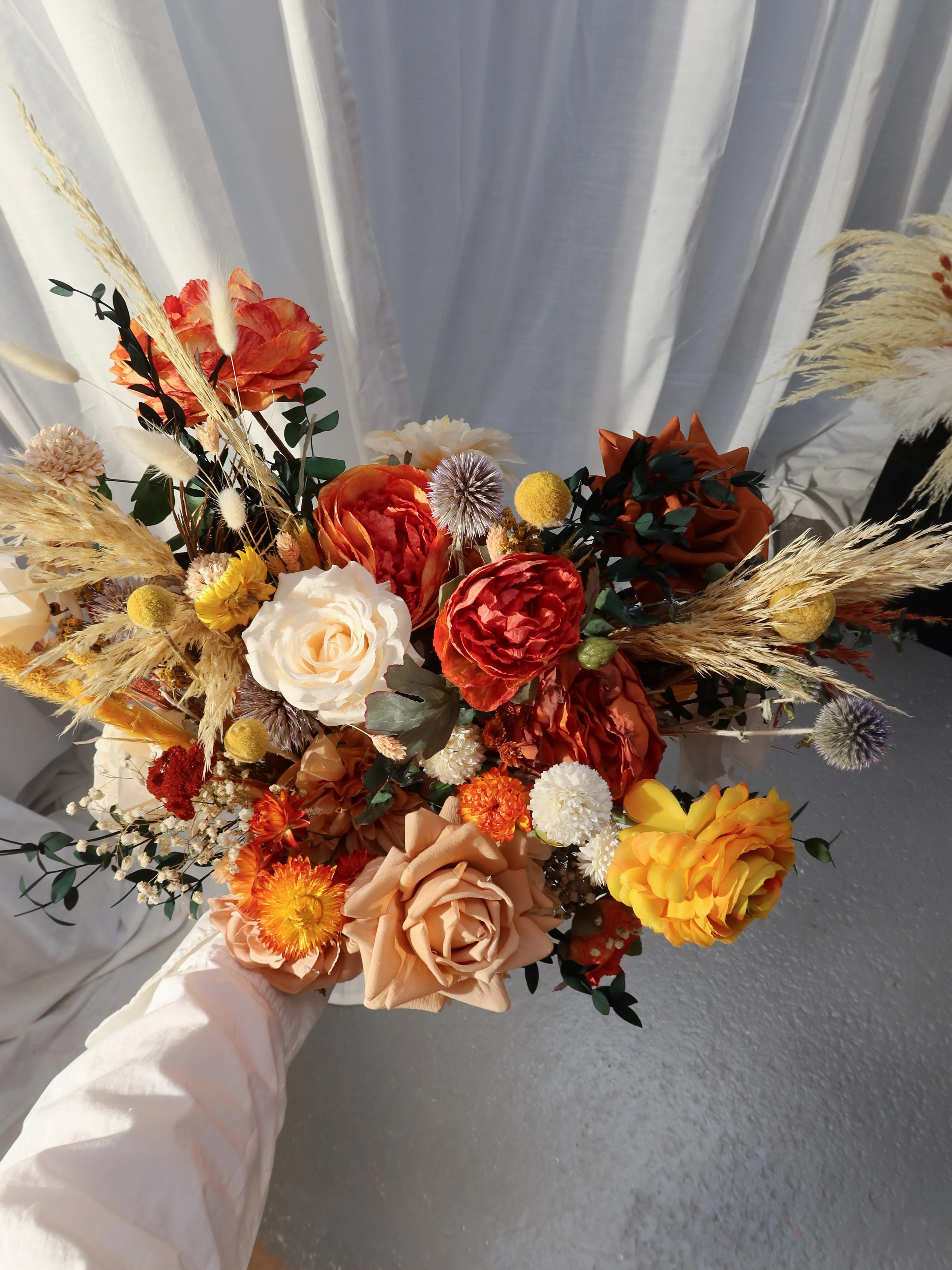 Colourful Dried and Artificial Flowers Bridal Bouquet - Natural Orange & Red