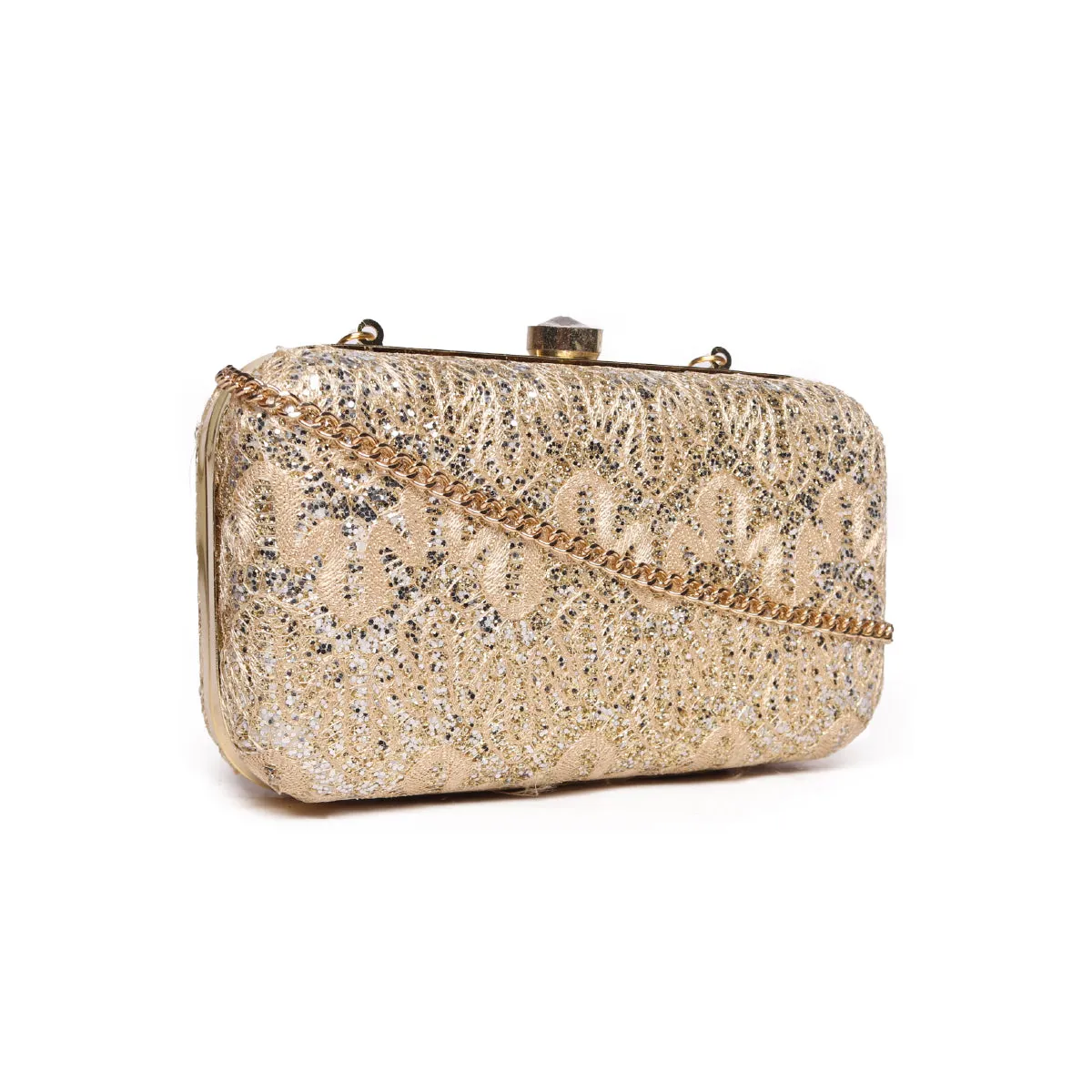 Embllished Beige Jewel Box Clutch With Sling Strap