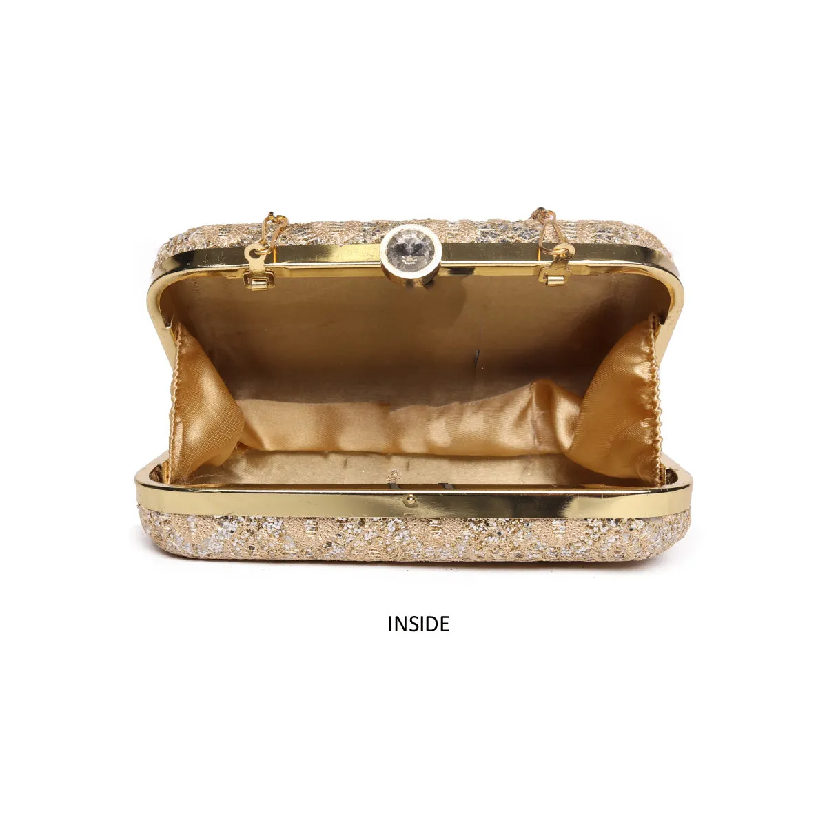 Embllished Beige Jewel Box Clutch With Sling Strap