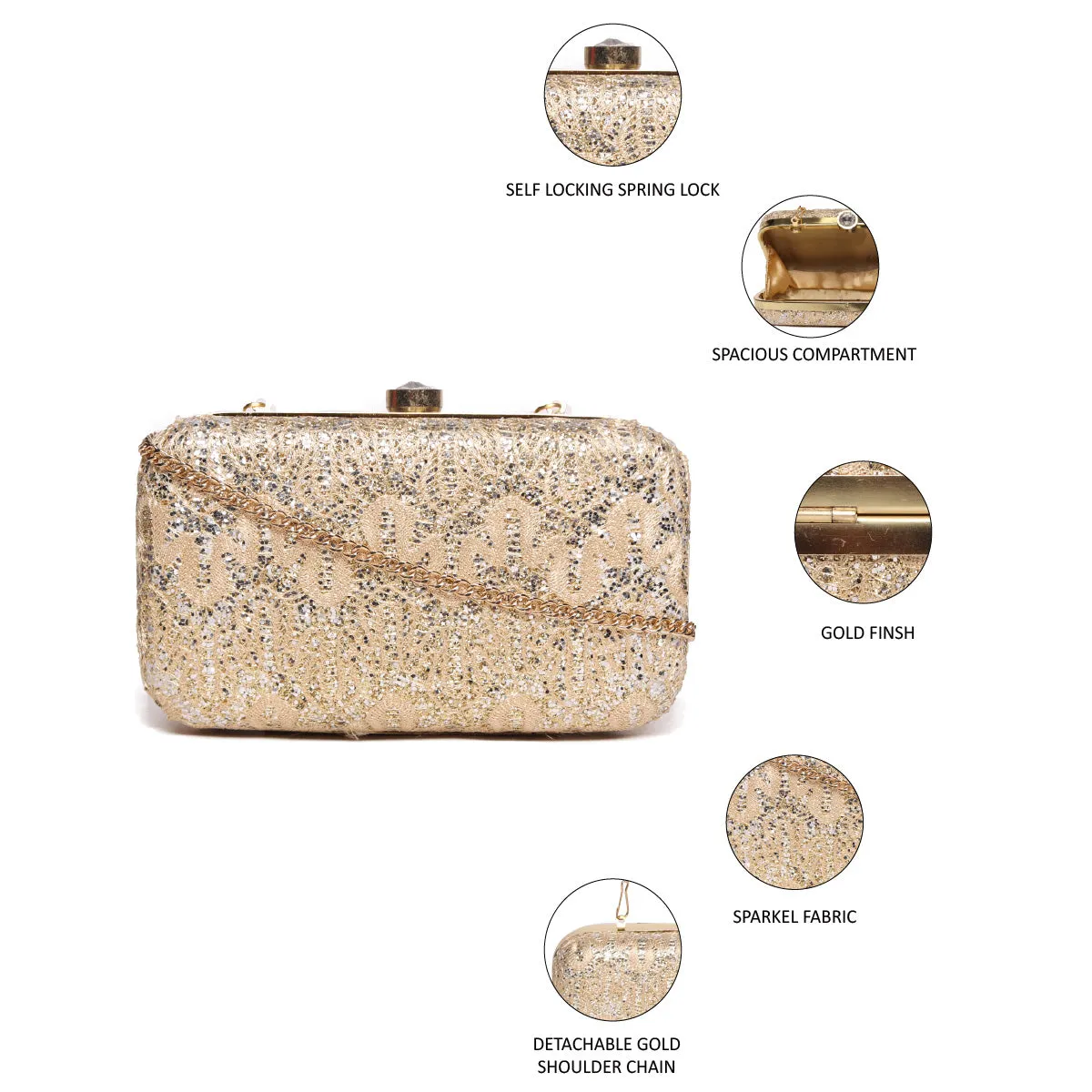 Embllished Beige Jewel Box Clutch With Sling Strap