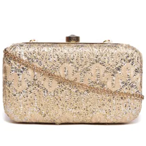 Embllished Beige Jewel Box Clutch With Sling Strap