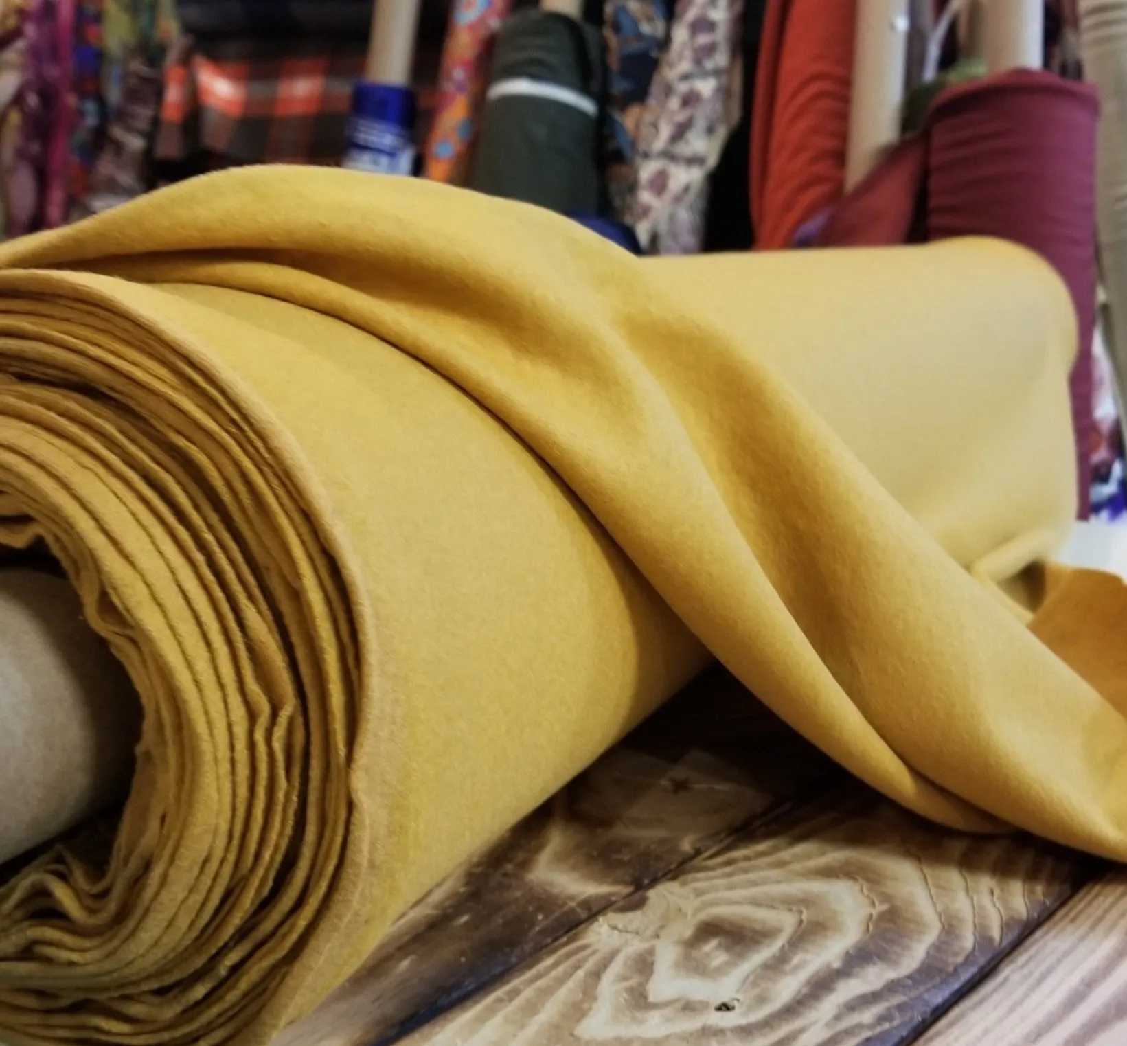 End of Bolt: 3 yards of Designer Deadstock 100% Wool Slight Brushed Boiled Mustard Yellow Knit Solid-remnant