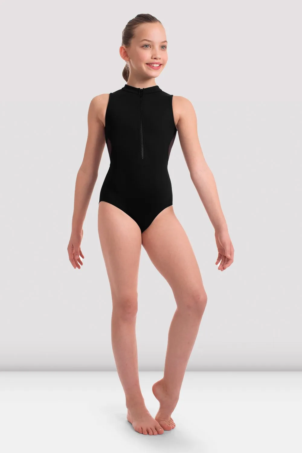 Girls Aluette Bloch Logo Mesh Zip Front Leotard