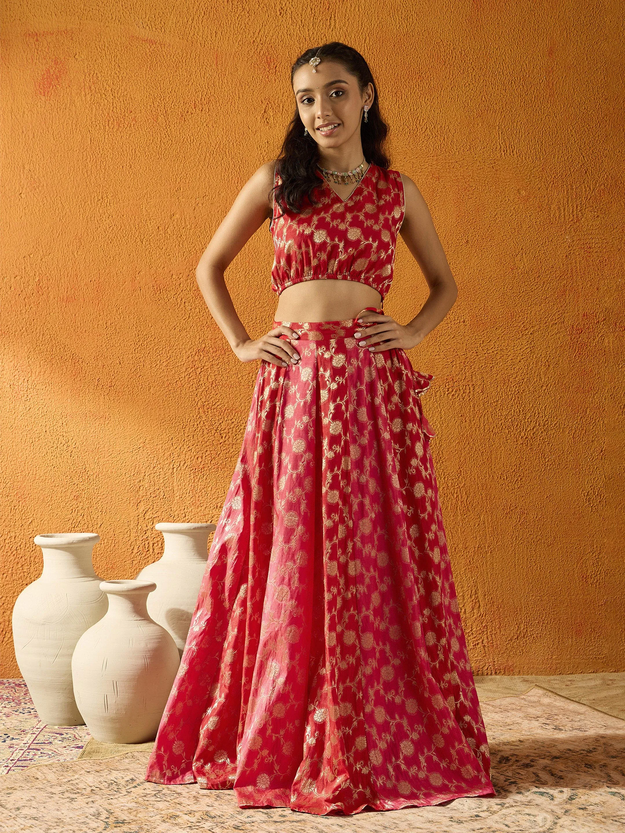 Girls Red &Fuchsia Brocade Skirt With Crop Top