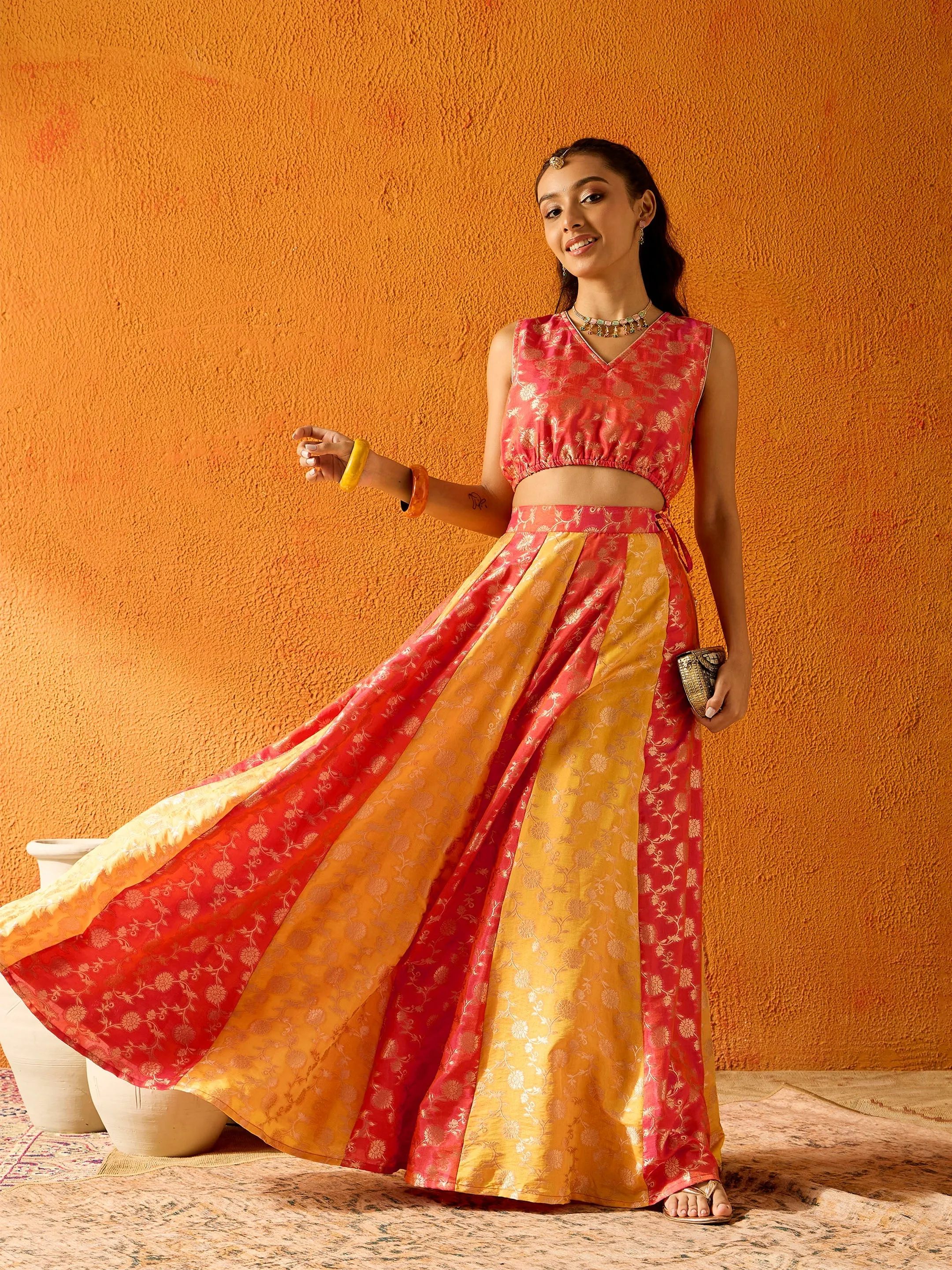 Girls Yellow & Orange Brocade Skirt With Crop Top