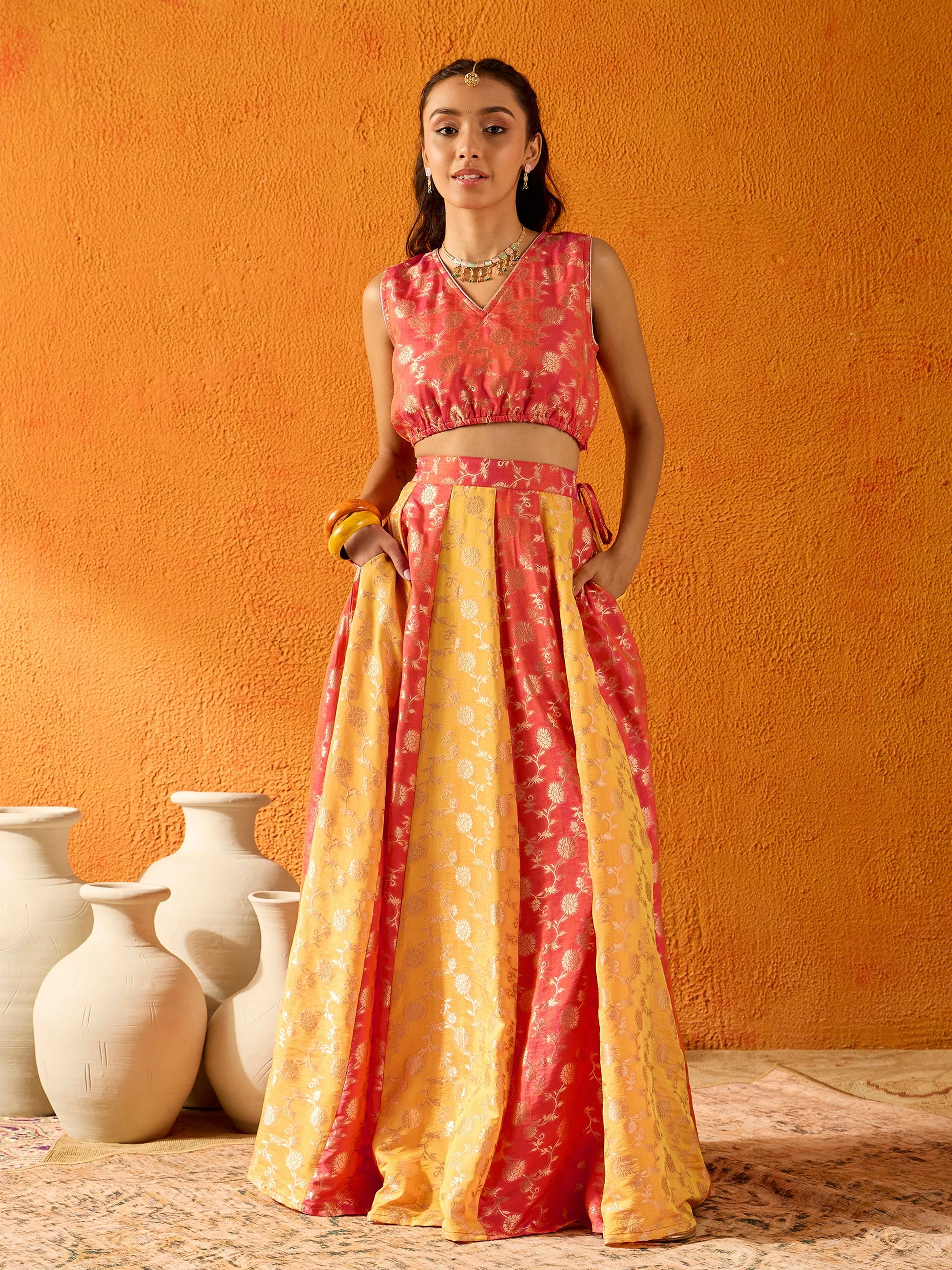 Girls Yellow & Orange Brocade Skirt With Crop Top