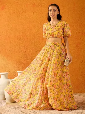 Girls Yellow Floral Skirt With Crop Top