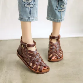 Handmade Leather Gladiator Sandals Retro Woven Open-toe Flat Shoes in Coffee/Brown/Apricot