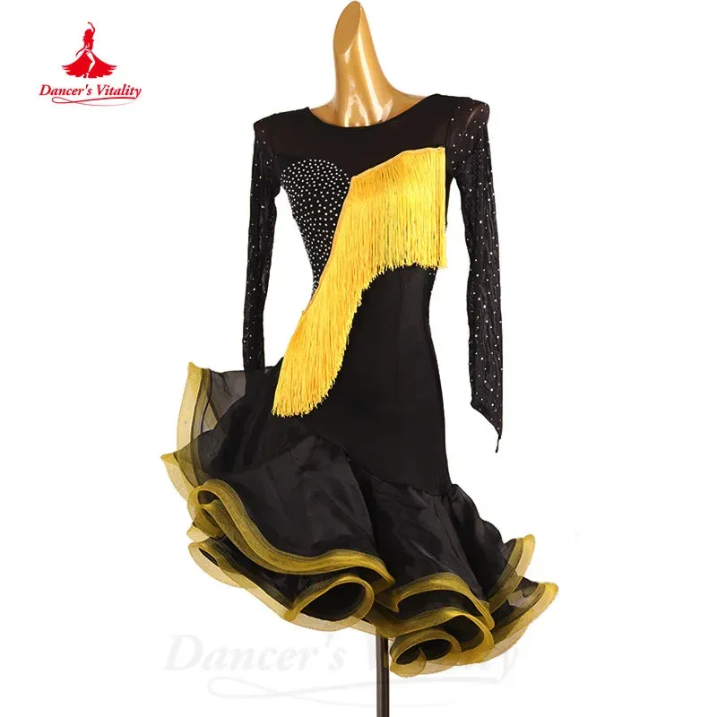 Latin Dance Clothing Customized Long Sleeved AB Stones Sexy Hip Wrap Skirt Adult and Children's Tango Rumba Performance Costumes