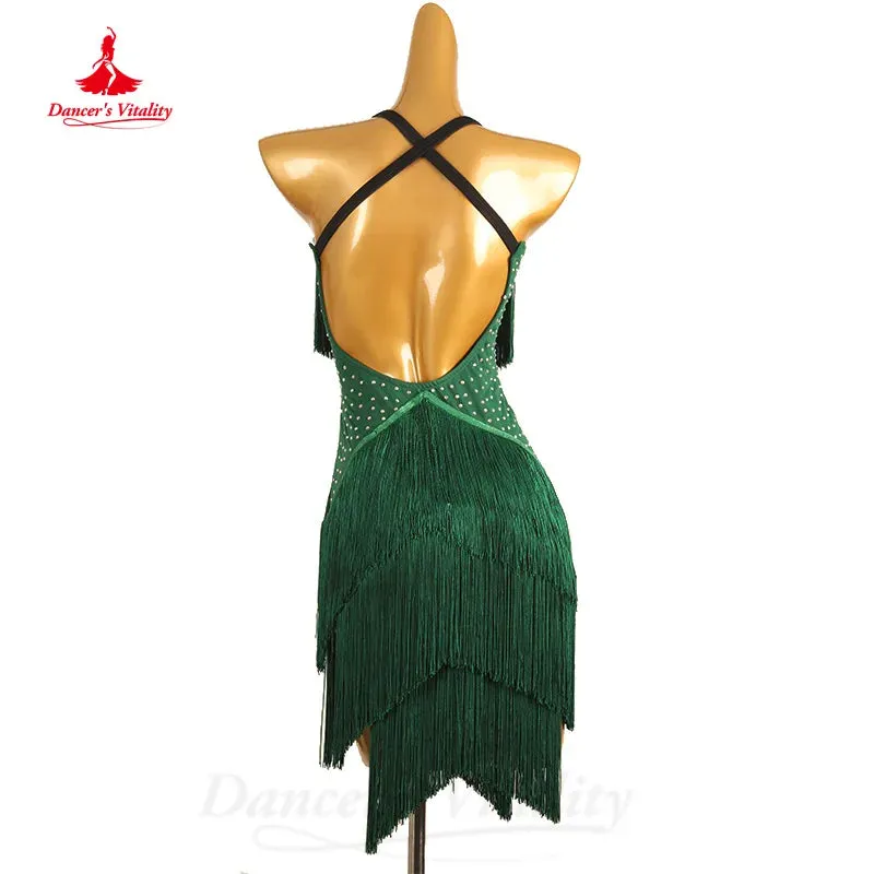 Latin Dance Clothing Women Customized AB Stones Sexy Backless Tassel Dress Tango Chacha Samba Professional Competition Dresses