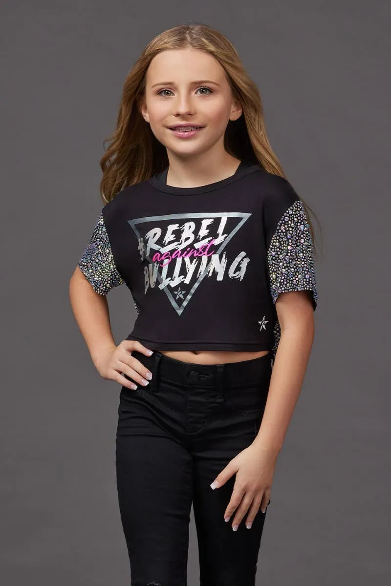 Mesh Crystal Couture Rebel Against Bullying Cropped Tee - Special Order