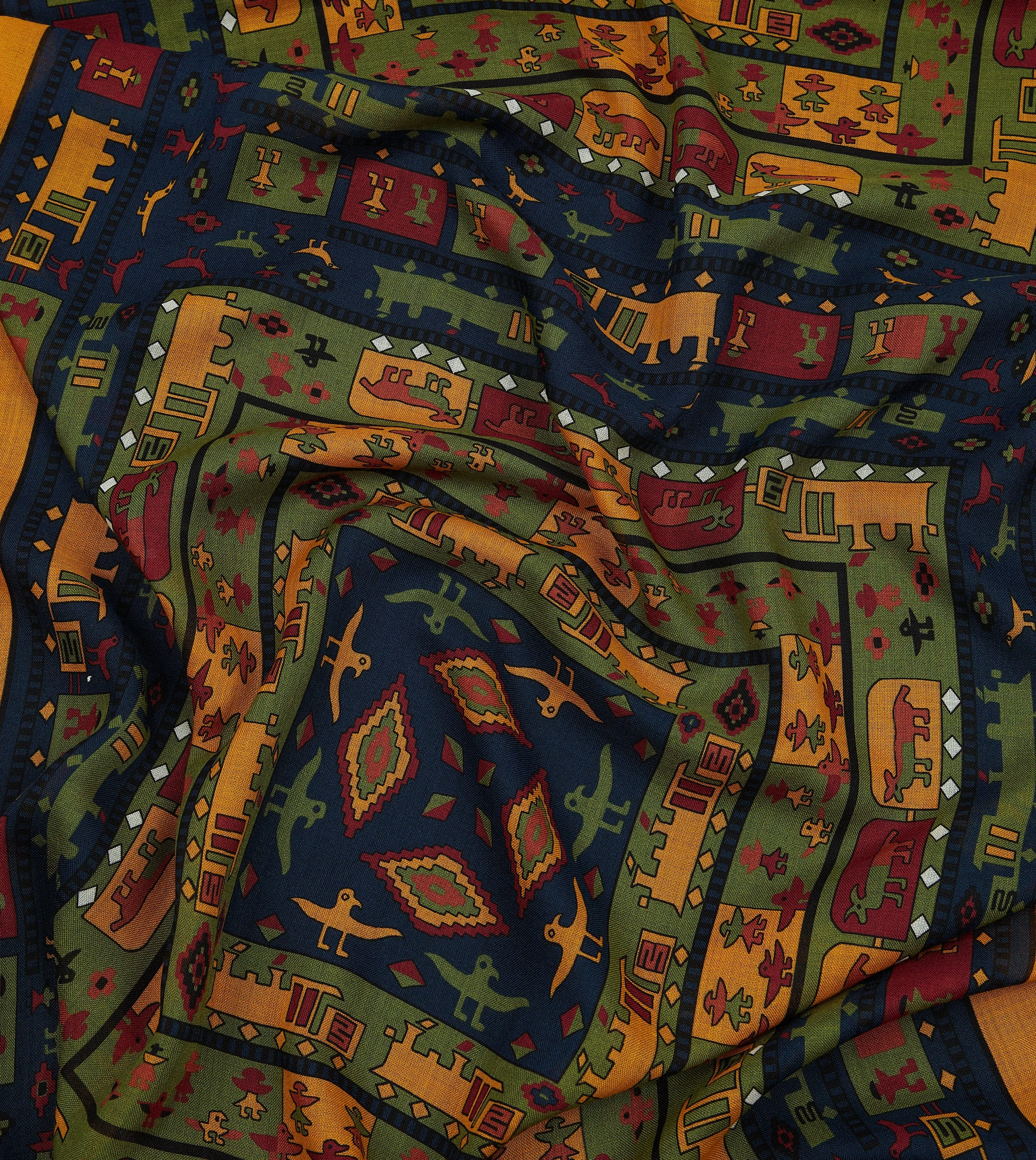 Navy and Yellow Navajo Print Wool-Silk Scarf