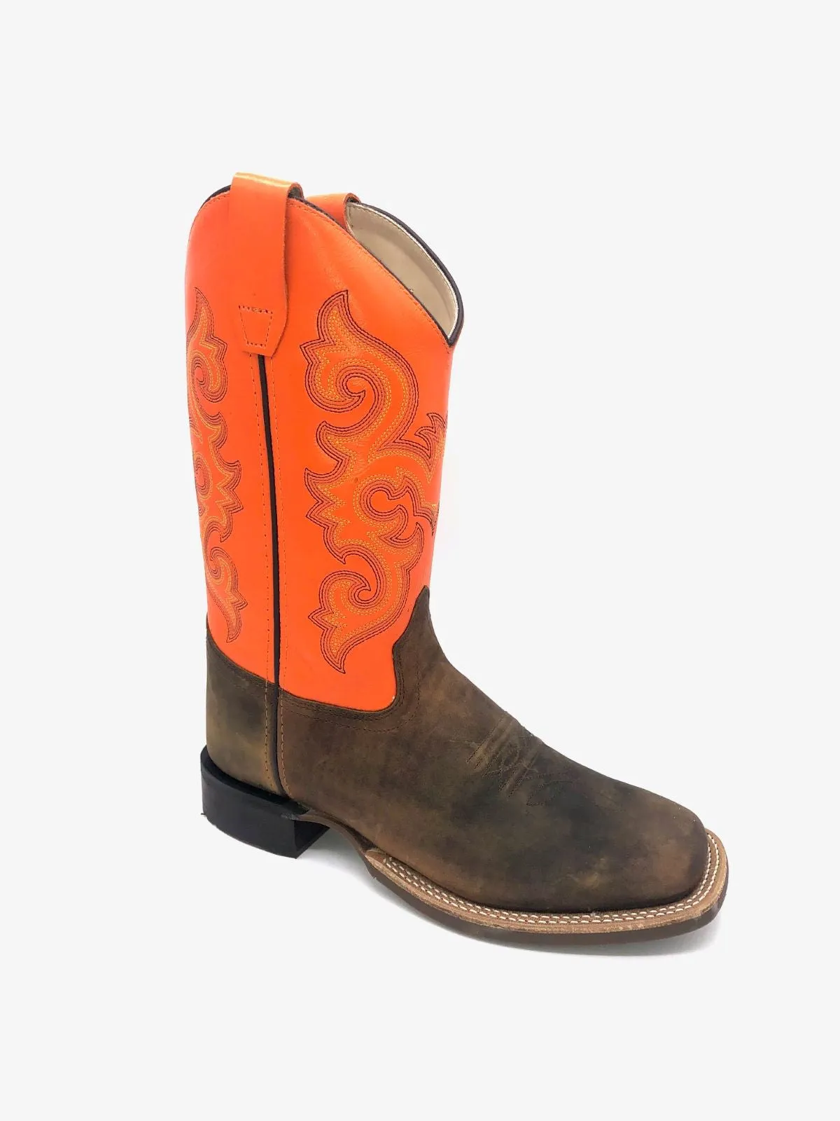 'Old West' Youth Western Broad Square Toe - Brown / Orange