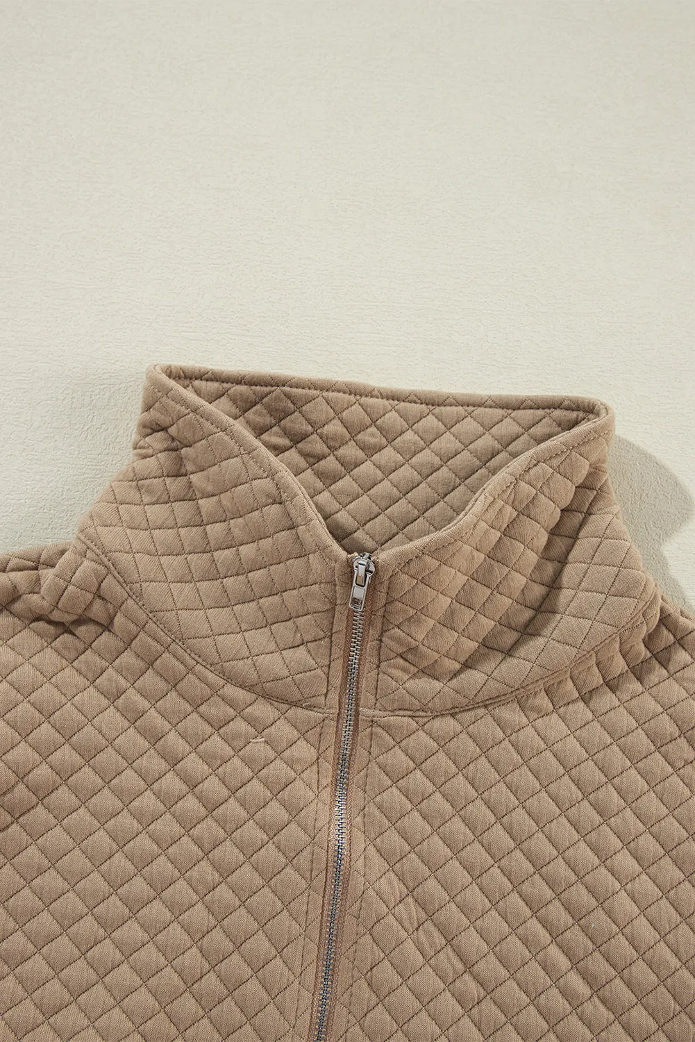 Pale Khaki Solid Half Zipper Quilted Pullover Sweatshirt