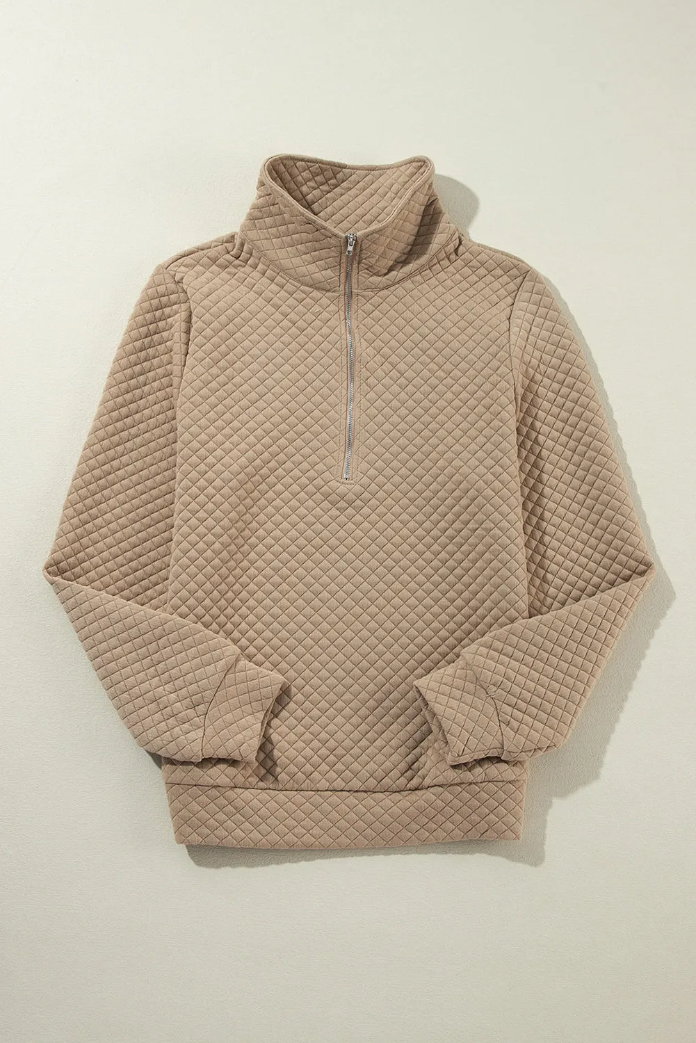 Pale Khaki Solid Half Zipper Quilted Pullover Sweatshirt