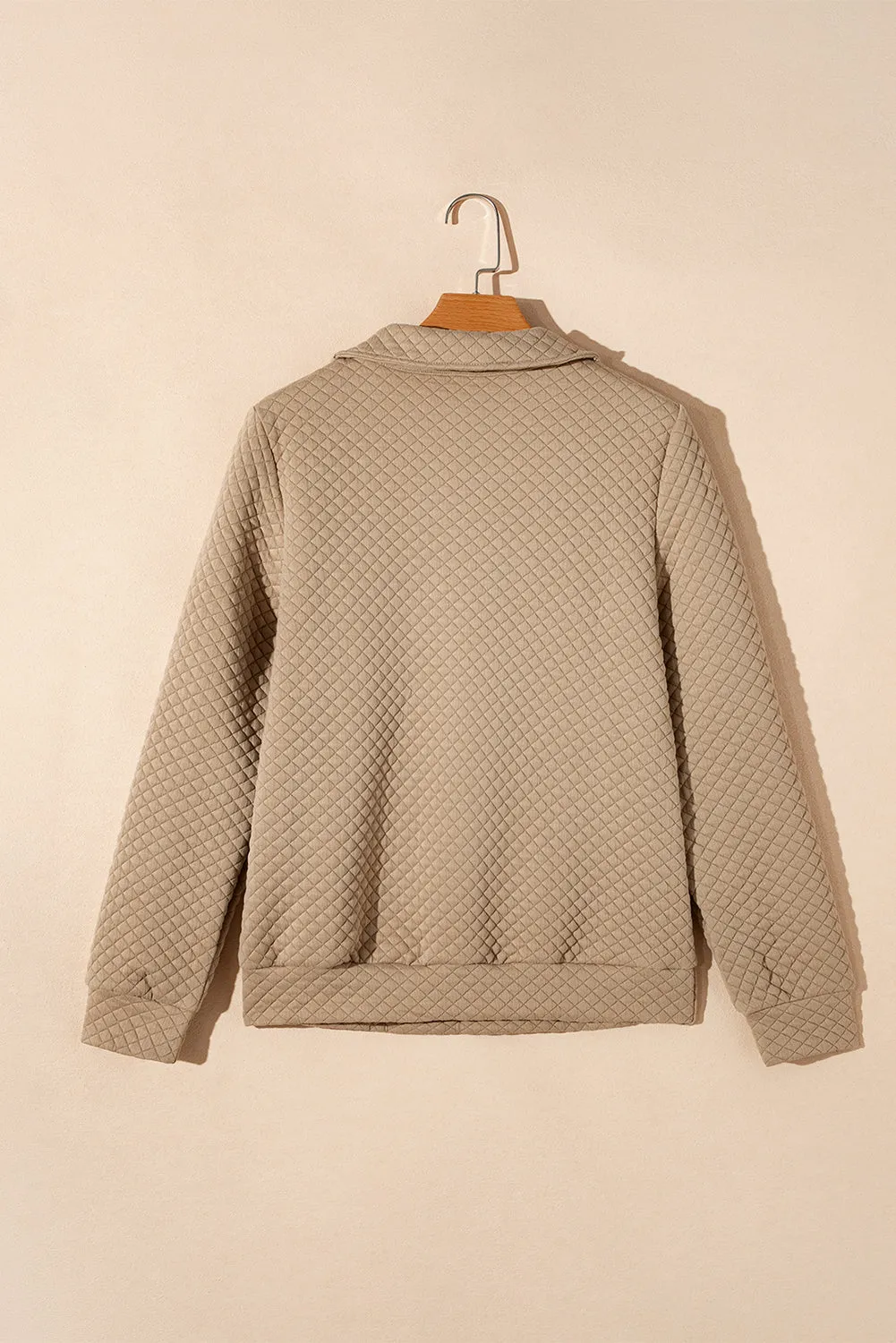 Pale Khaki Solid Half Zipper Quilted Pullover Sweatshirt