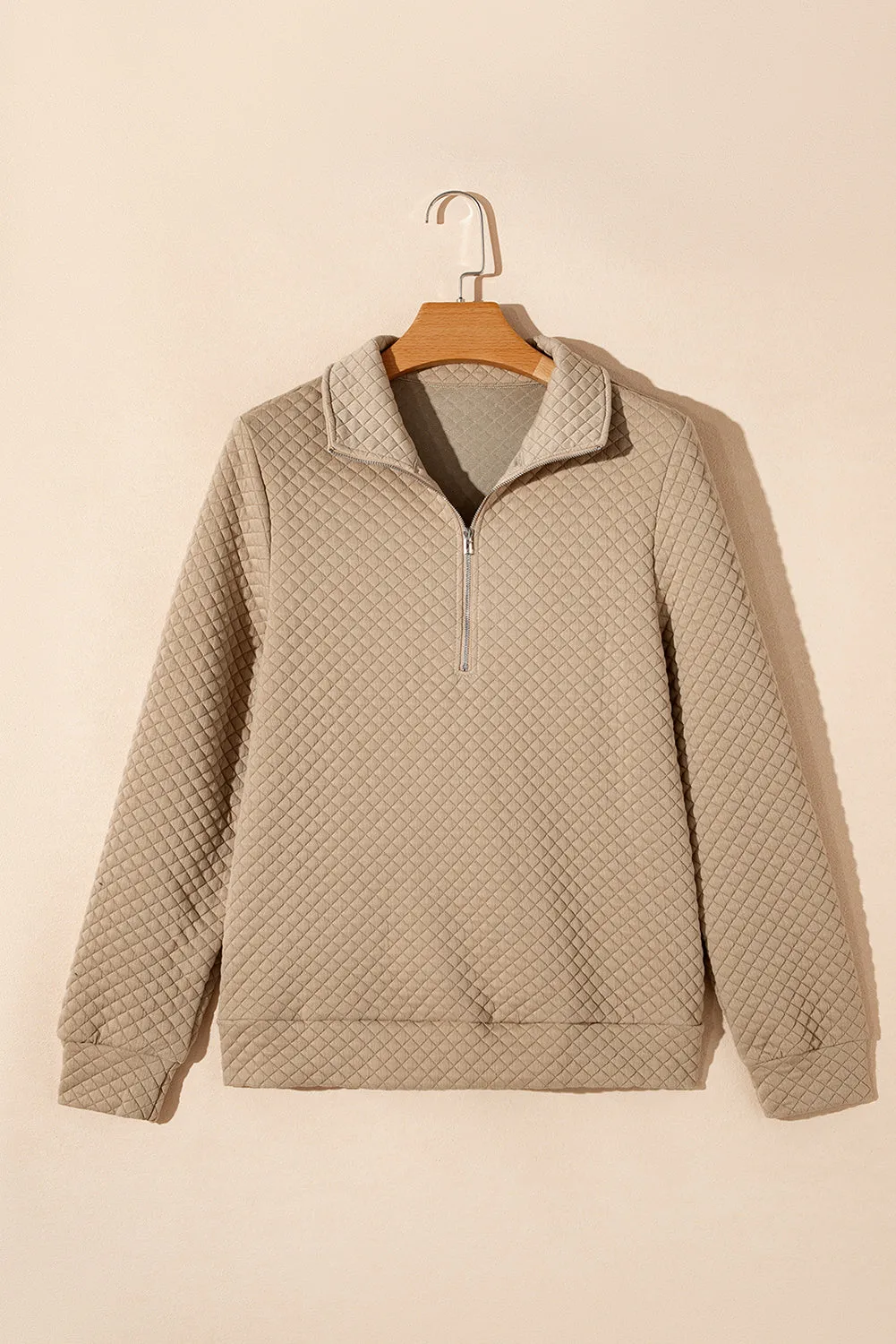 Pale Khaki Solid Half Zipper Quilted Pullover Sweatshirt