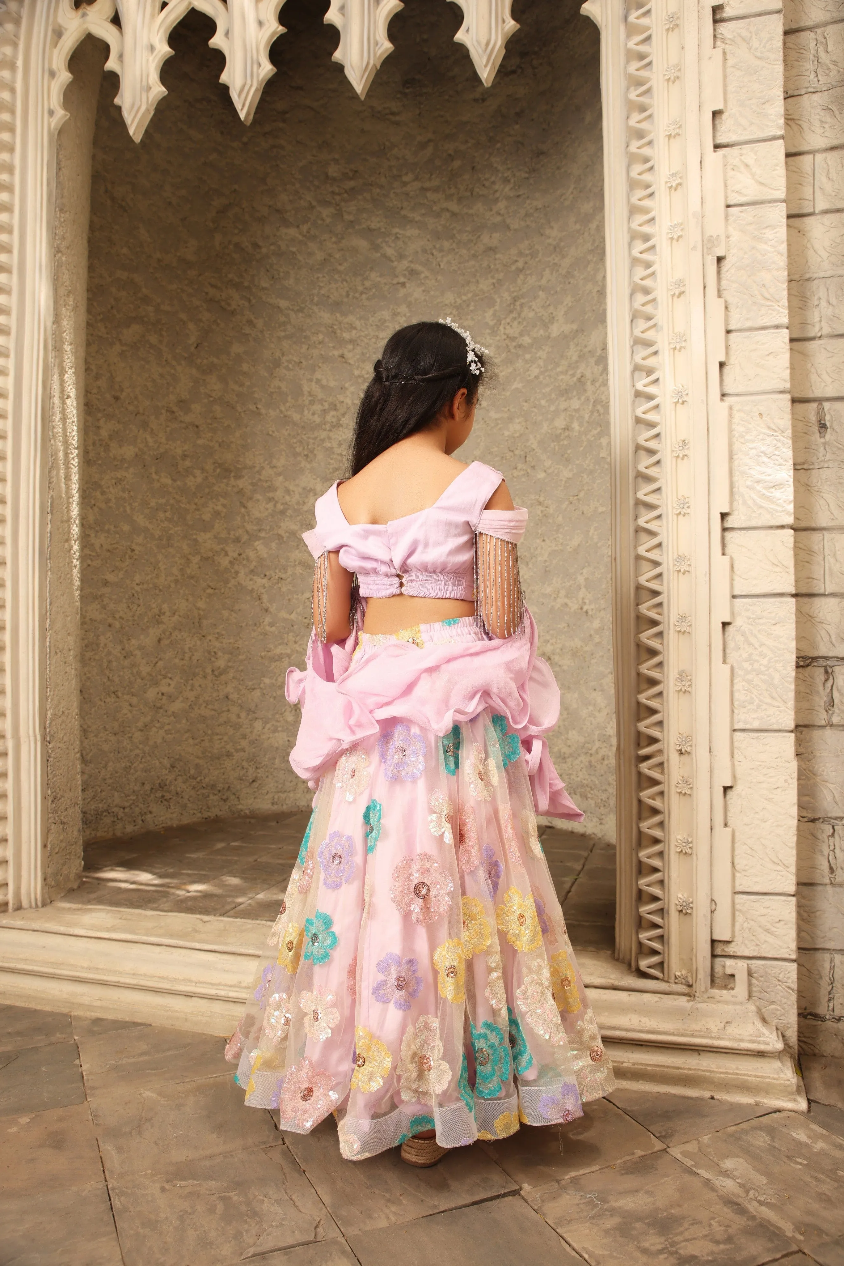 Pre Order: Lilac Sequence Flower Embroidery Lehenga Choli