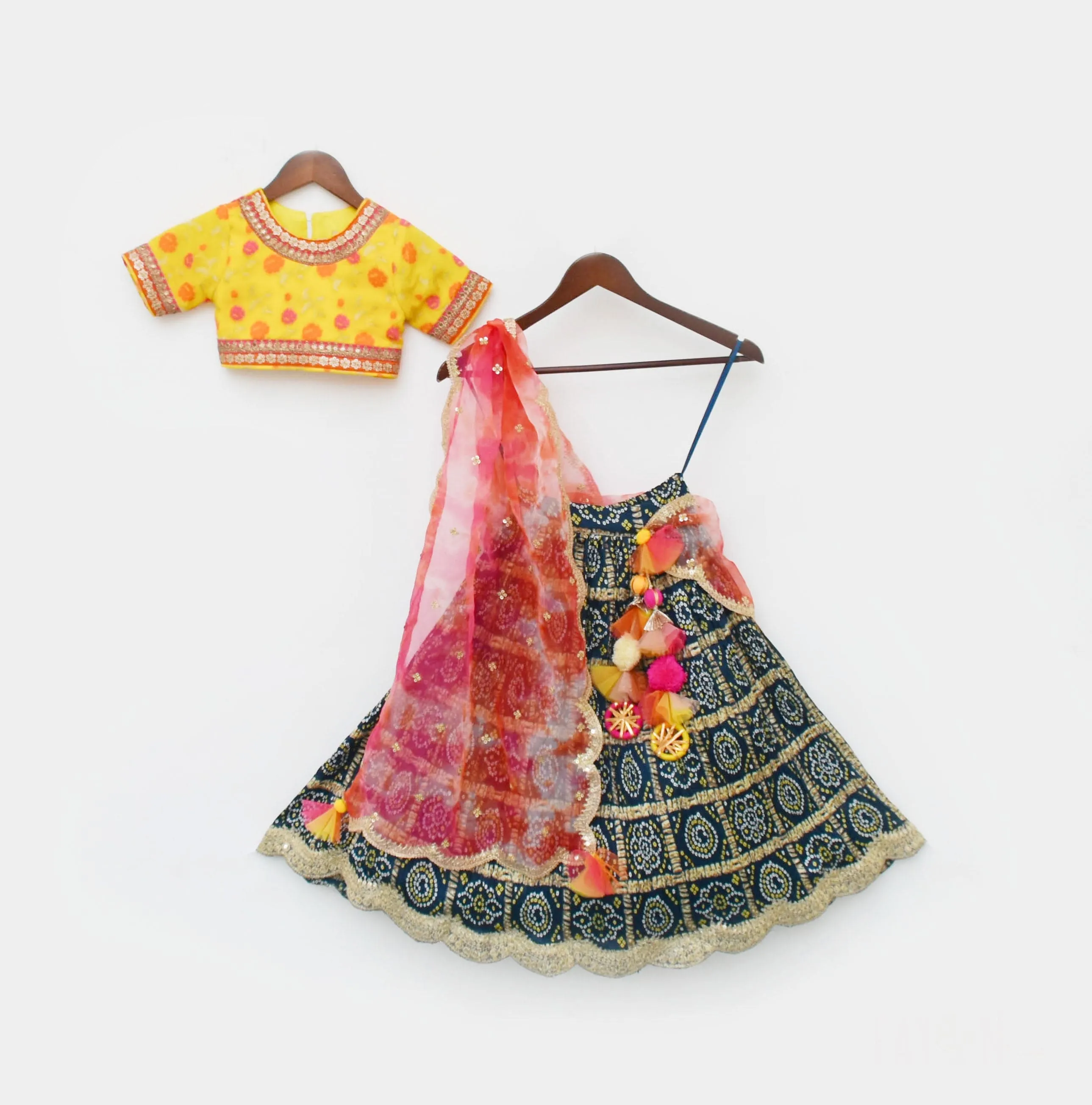 Pre Order: Yellow Brocade Choli Lehenga and Pink Organza Dupatta