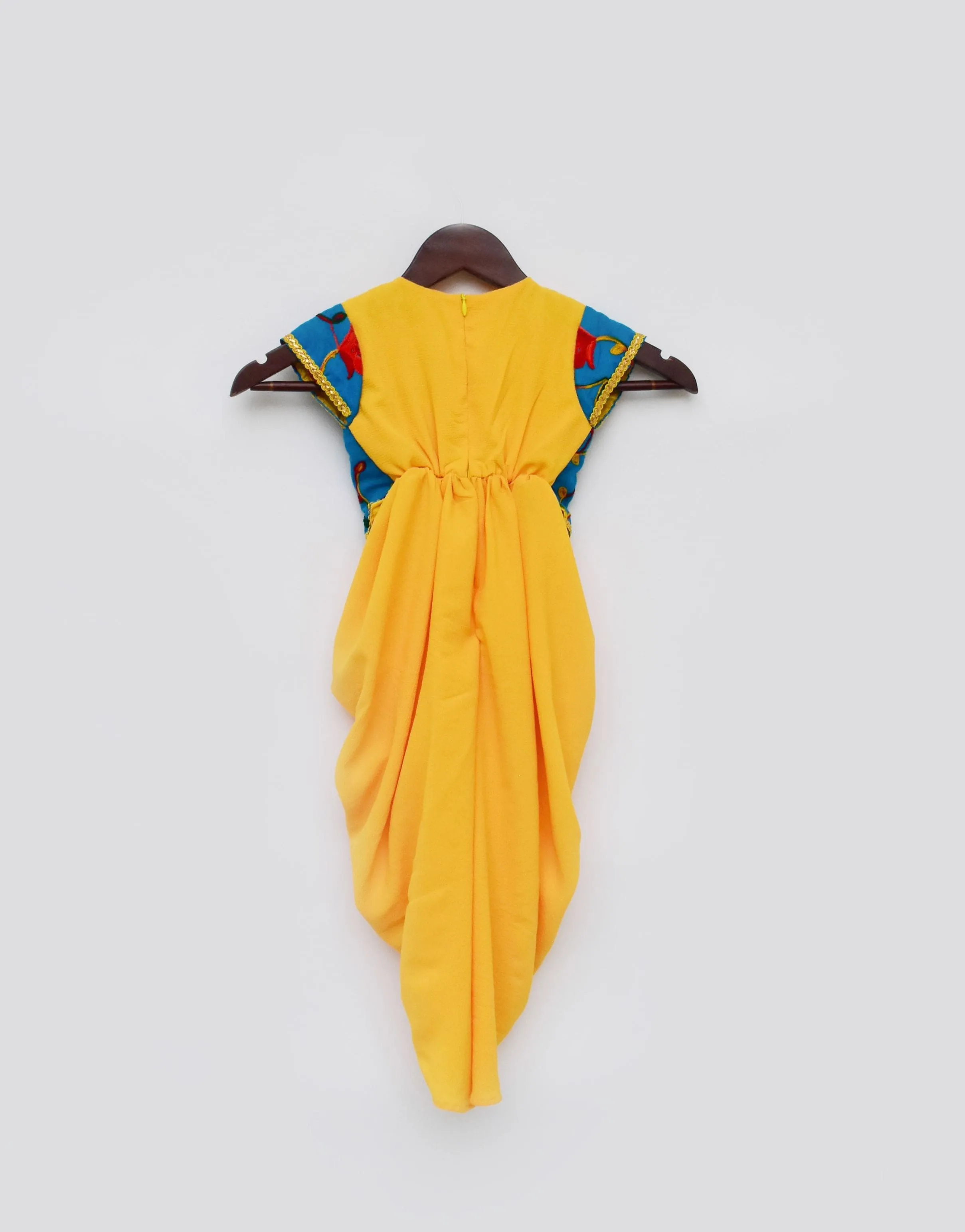 Pre Order: Yellow Georgette Dhoti Jumpsuit with Blue Embroidery Jacket