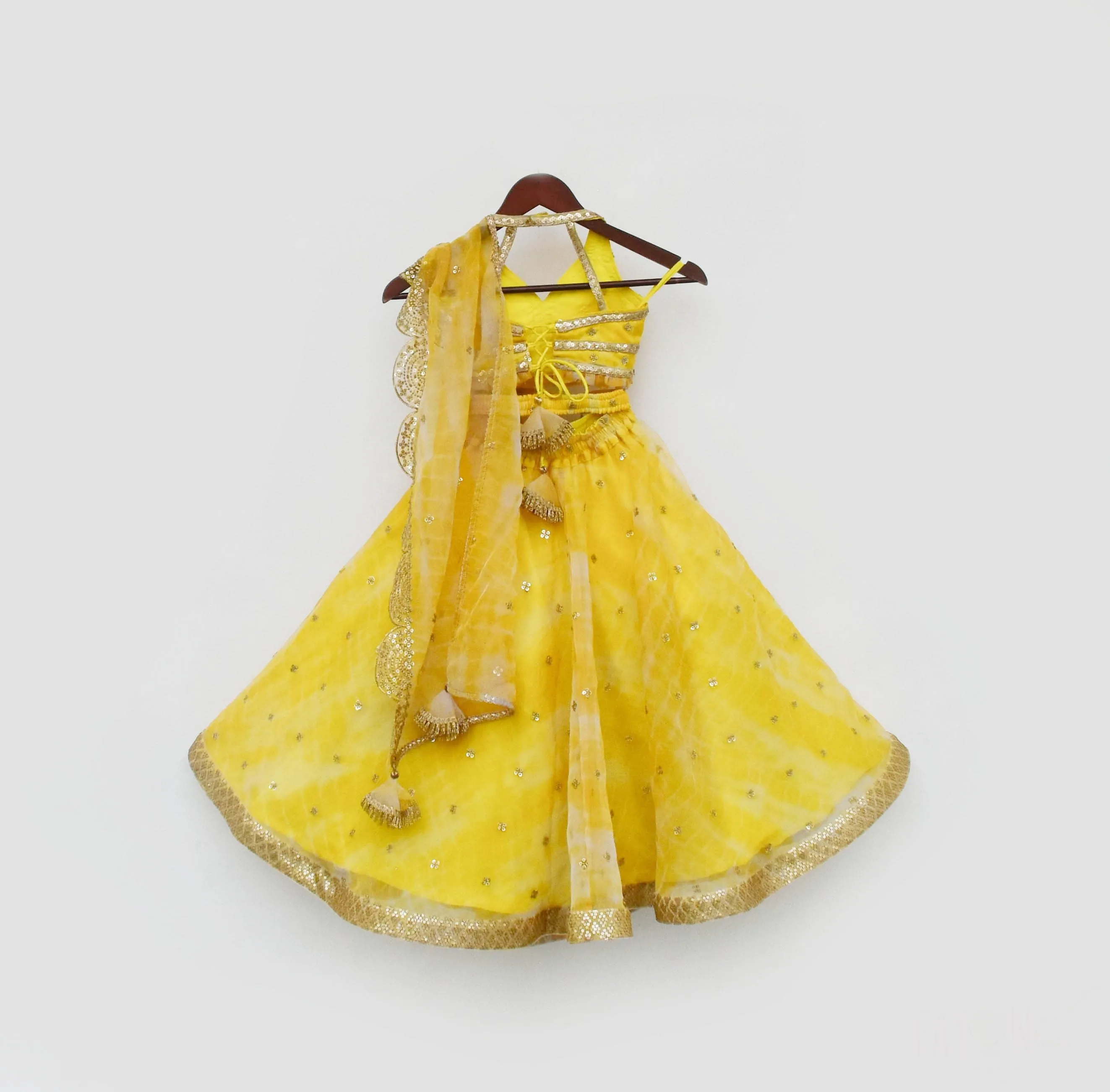 Pre Order: Yellow Printed Organza Lehenga Choli and Dupatta